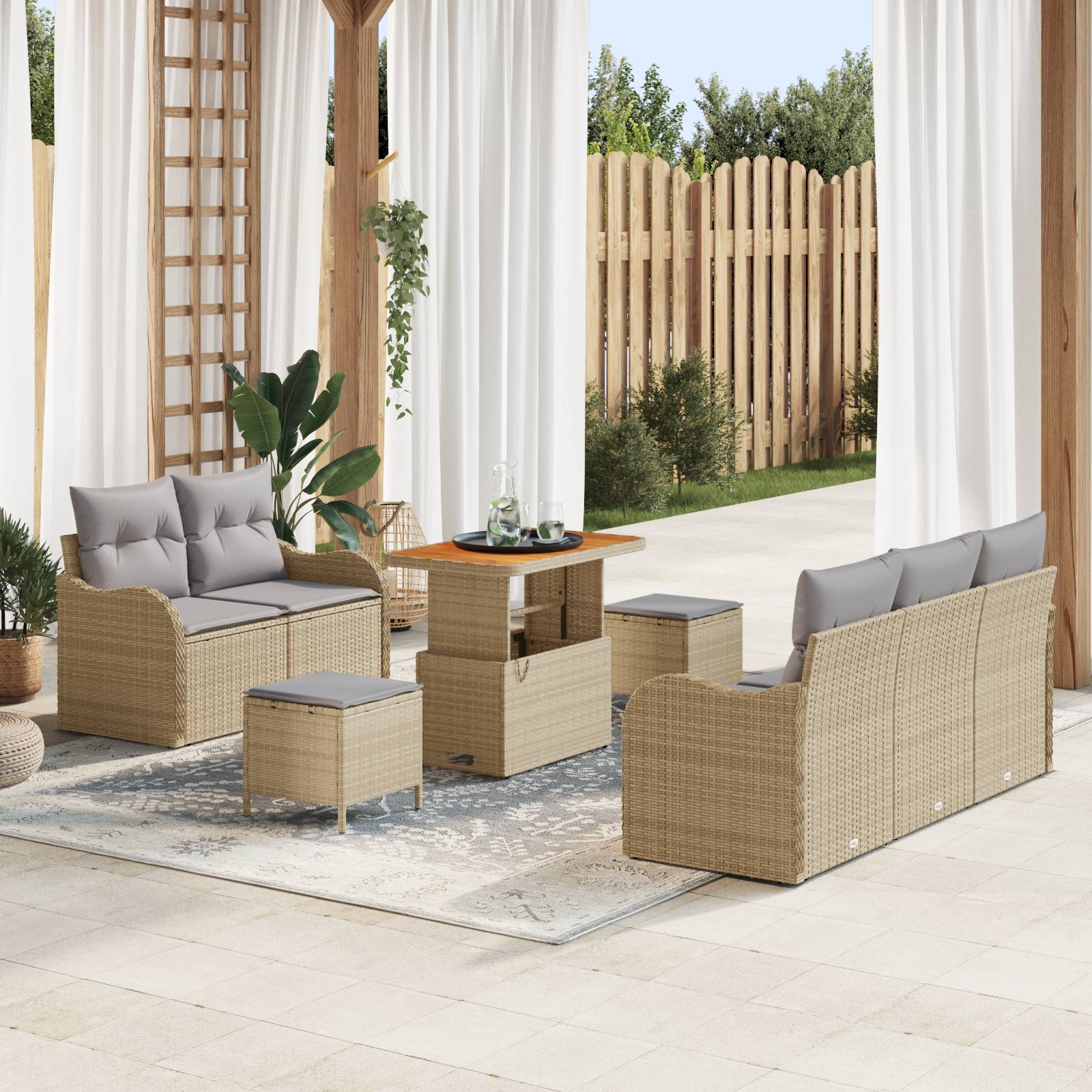 vidaXL 8-teiliges Garten Sofa Set mit Kissen Beiges Poly Rattan Akazie