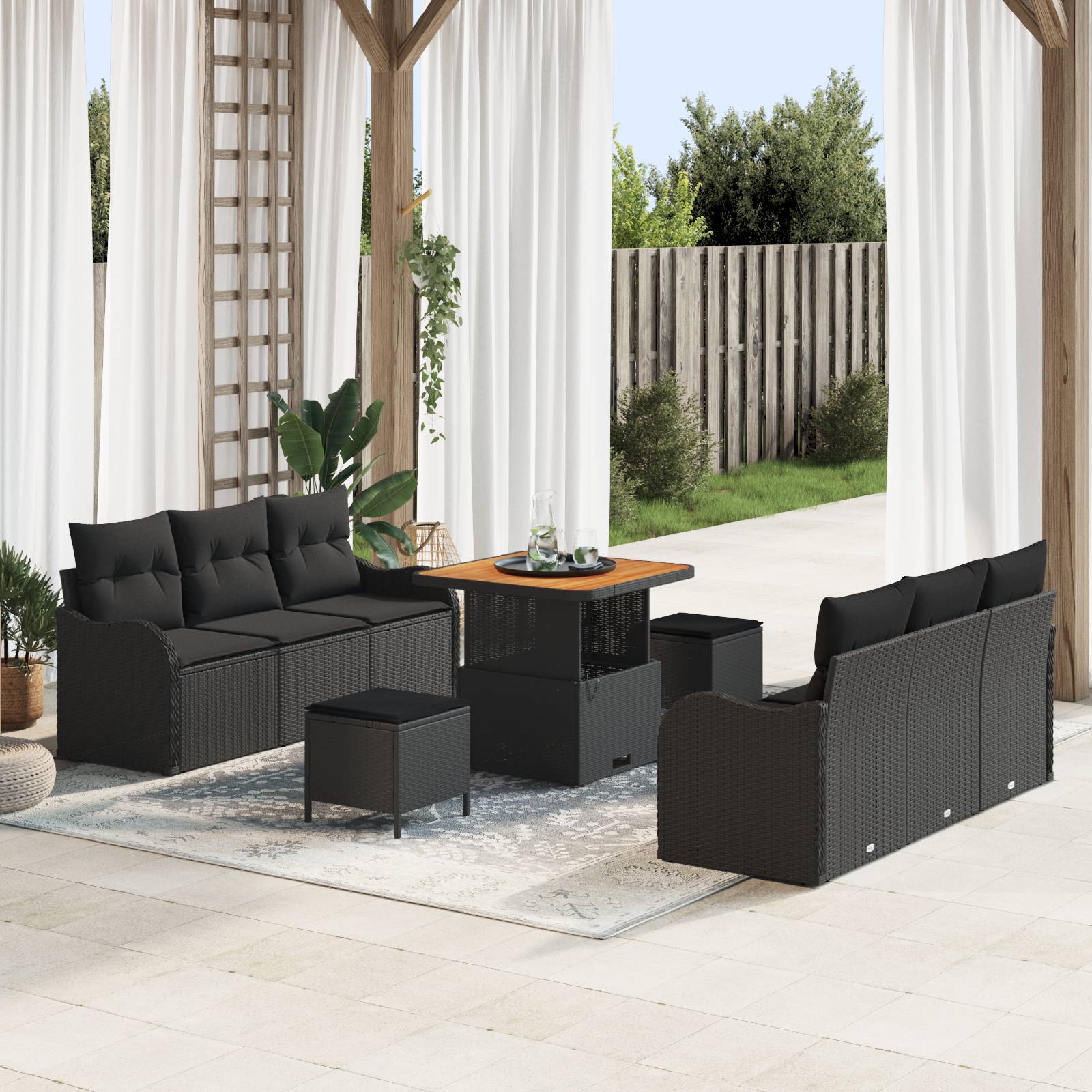 vidaXL 9-teiliges Garten-Sofa-Set mit Kissen Schwarzes Poly-Rattan Akazie