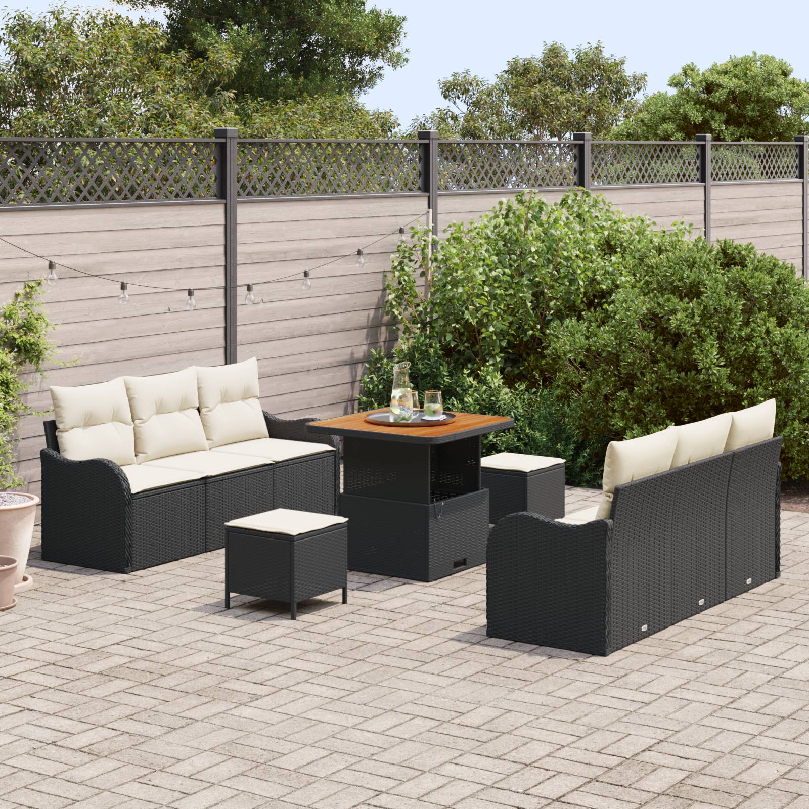 vidaXL 9-tlg. Garten Sofa Set mit Kissen Schwarz Poly Rattan Akazie