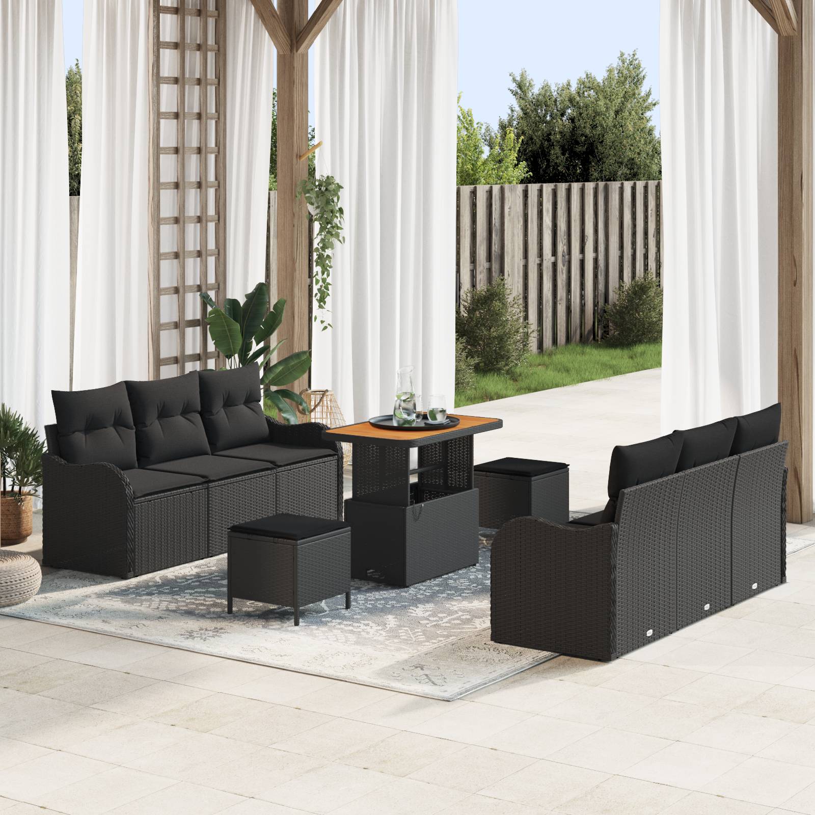 vidaXL 9-teiliges Garten-Sofa-Set mit Kissen Schwarz Poly Rattan Akazie