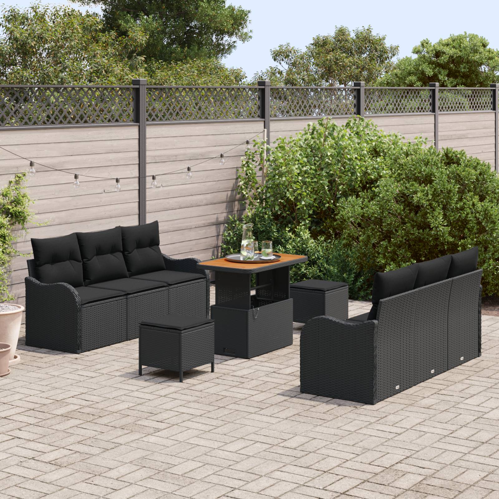vidaXL 9-teiliges Garten-Sofa-Set mit Kissen Schwarz Poly Rattan Akazie