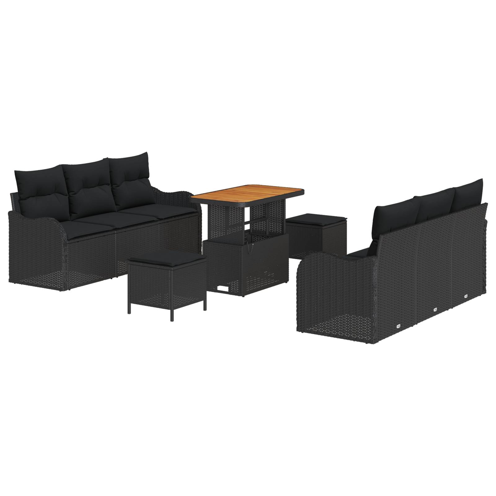 vidaXL 9-teiliges Garten-Sofa-Set mit Kissen Schwarz Poly Rattan Akazie