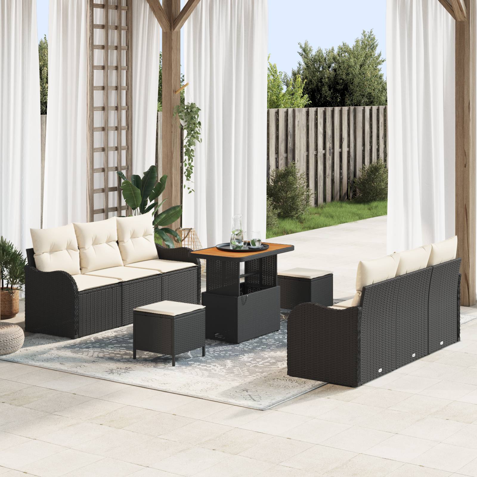 vidaXL 9-teiliges Garten Sofa Set mit Kissen Schwarz Poly Rattan Akazie