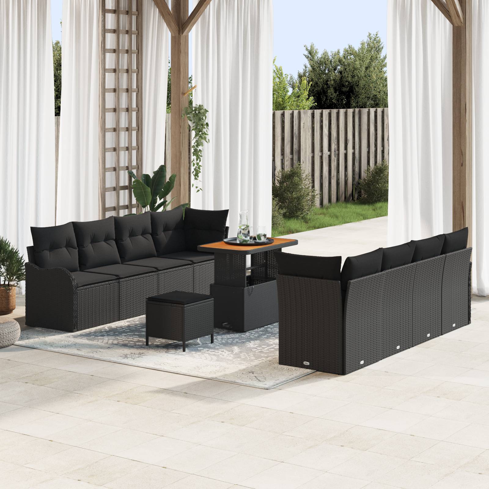 vidaXL 11-teiliges Garten Sofa Set mit Kissen Schwarz Poly Rattan Akazie