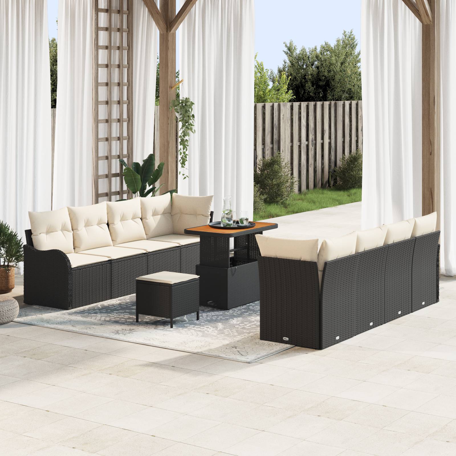 vidaXL 11-tlg. Garten-Sofagarnitur mit Kissen Schwarz Poly Rattan