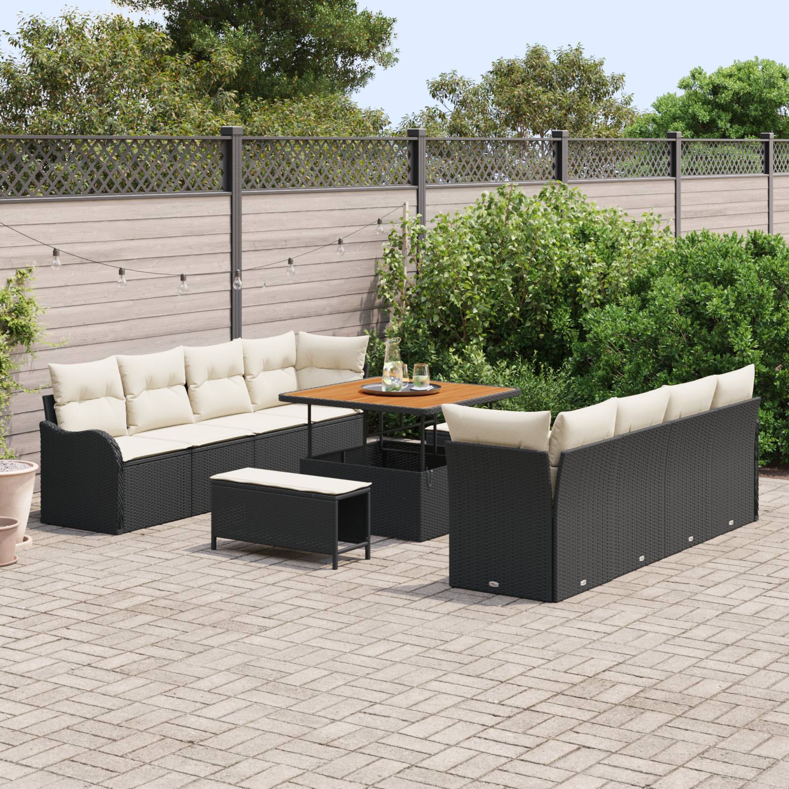 vidaXL 11-tlg. Garten-Sofagarnitur mit Kissen Schwarz Poly Rattan