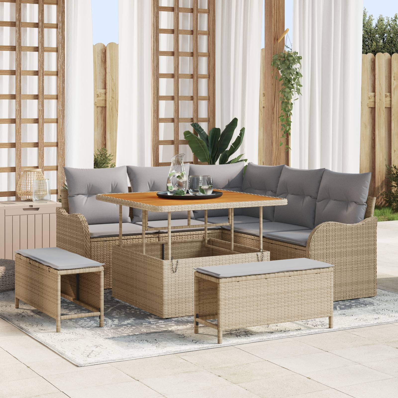 vidaXL 8-teiliges Garten-Sofa Set mit Kissen Beige Poly-Rattan Akazie