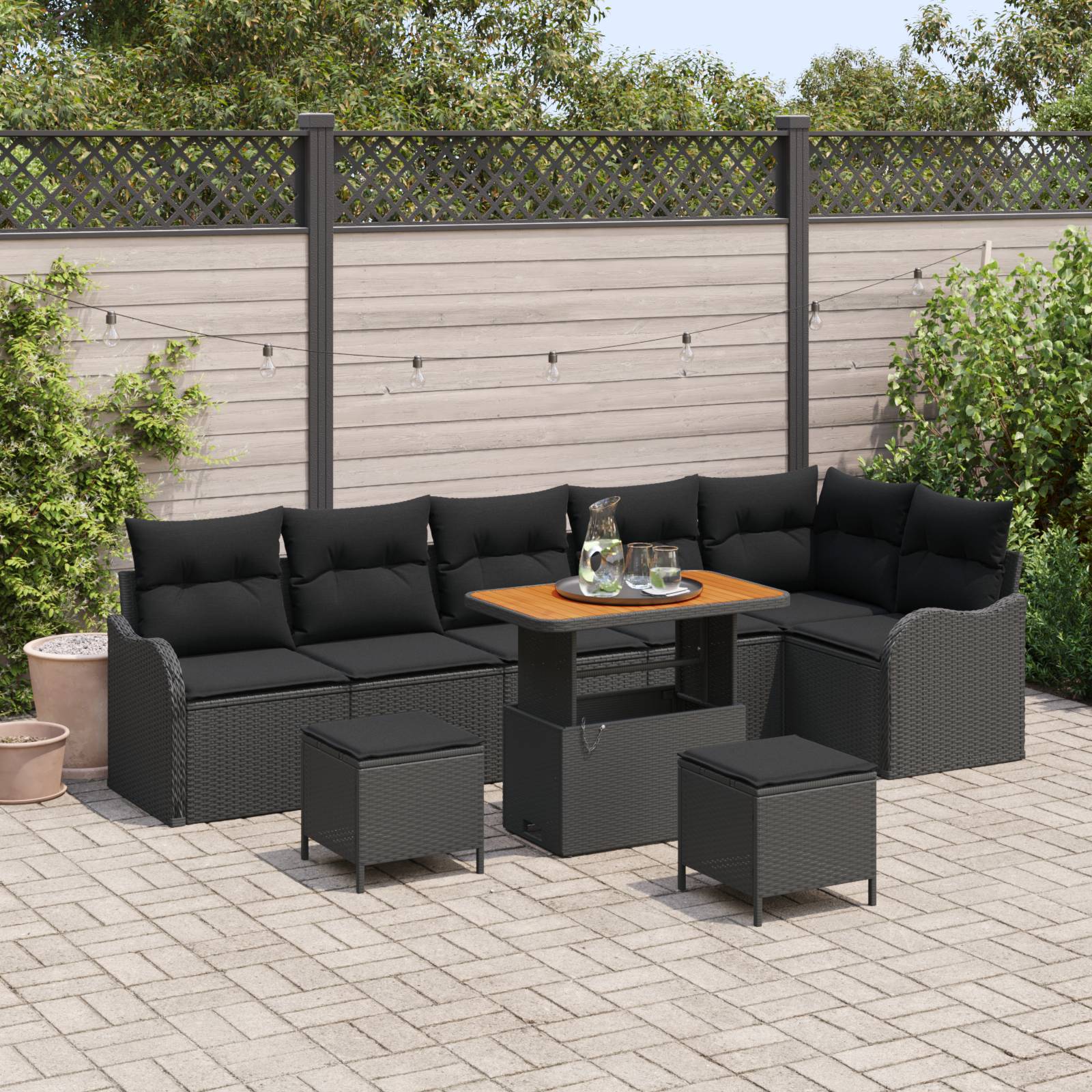 vidaXL 9-teiliges Garten Sofa Set mit Kissen Schwarz Poly-Rattan Akazie