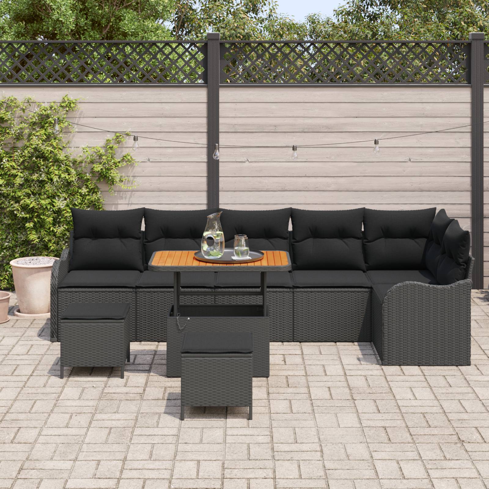 vidaXL 9-teiliges Garten Sofa Set mit Kissen Schwarz Poly-Rattan Akazie