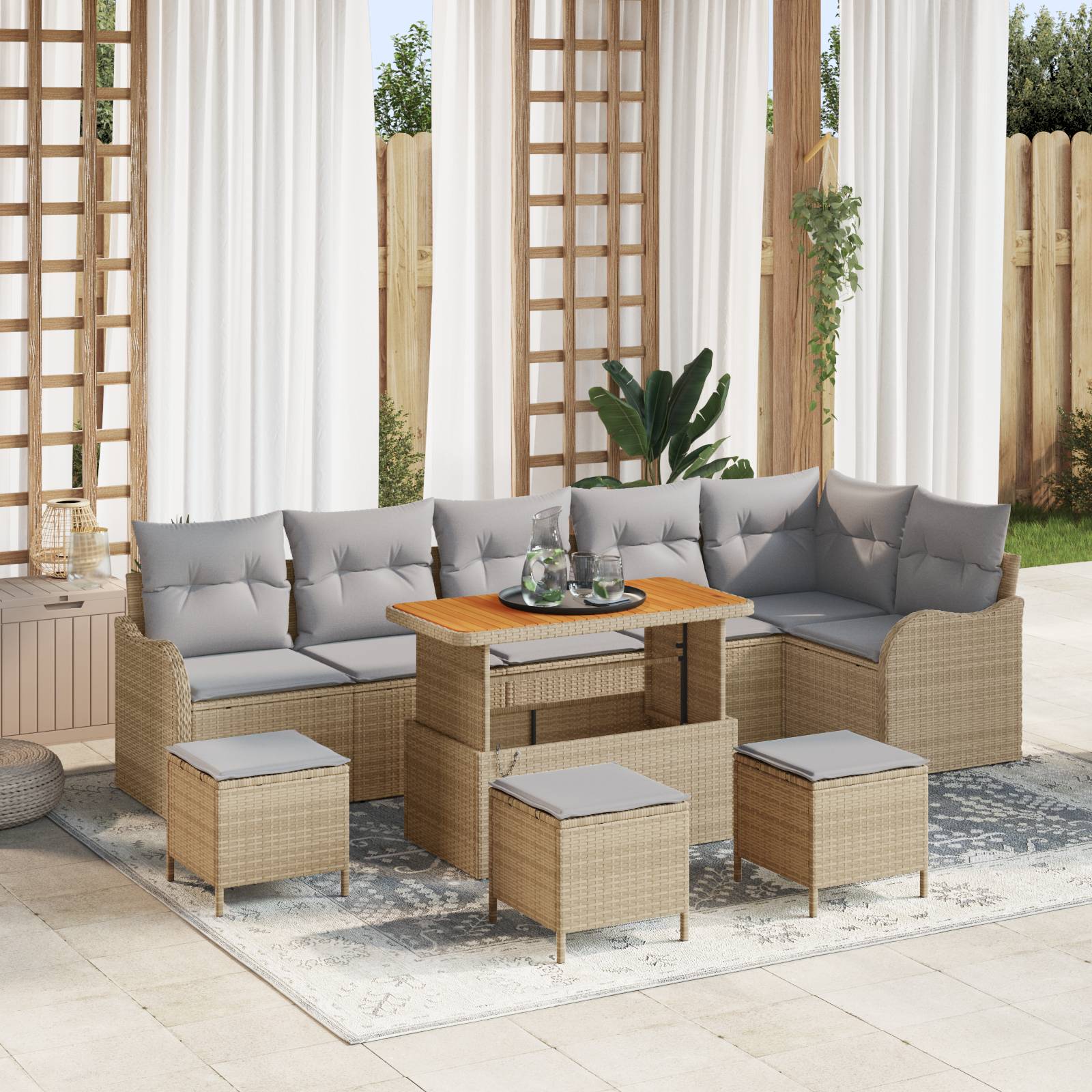 vidaXL 10-teiliges Garten Sofa Set mit Kissen Beige Poly Rattan Akazie