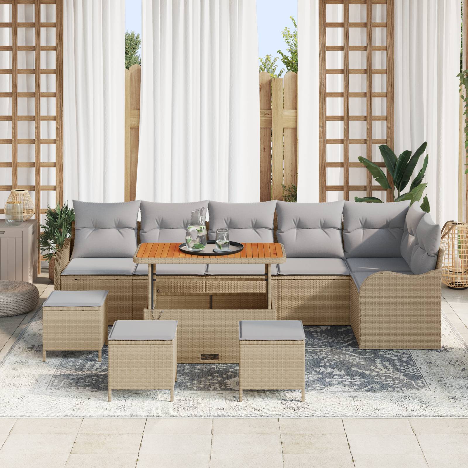 vidaXL 10-teiliges Garten Sofa Set mit Kissen Beige Poly Rattan Akazie