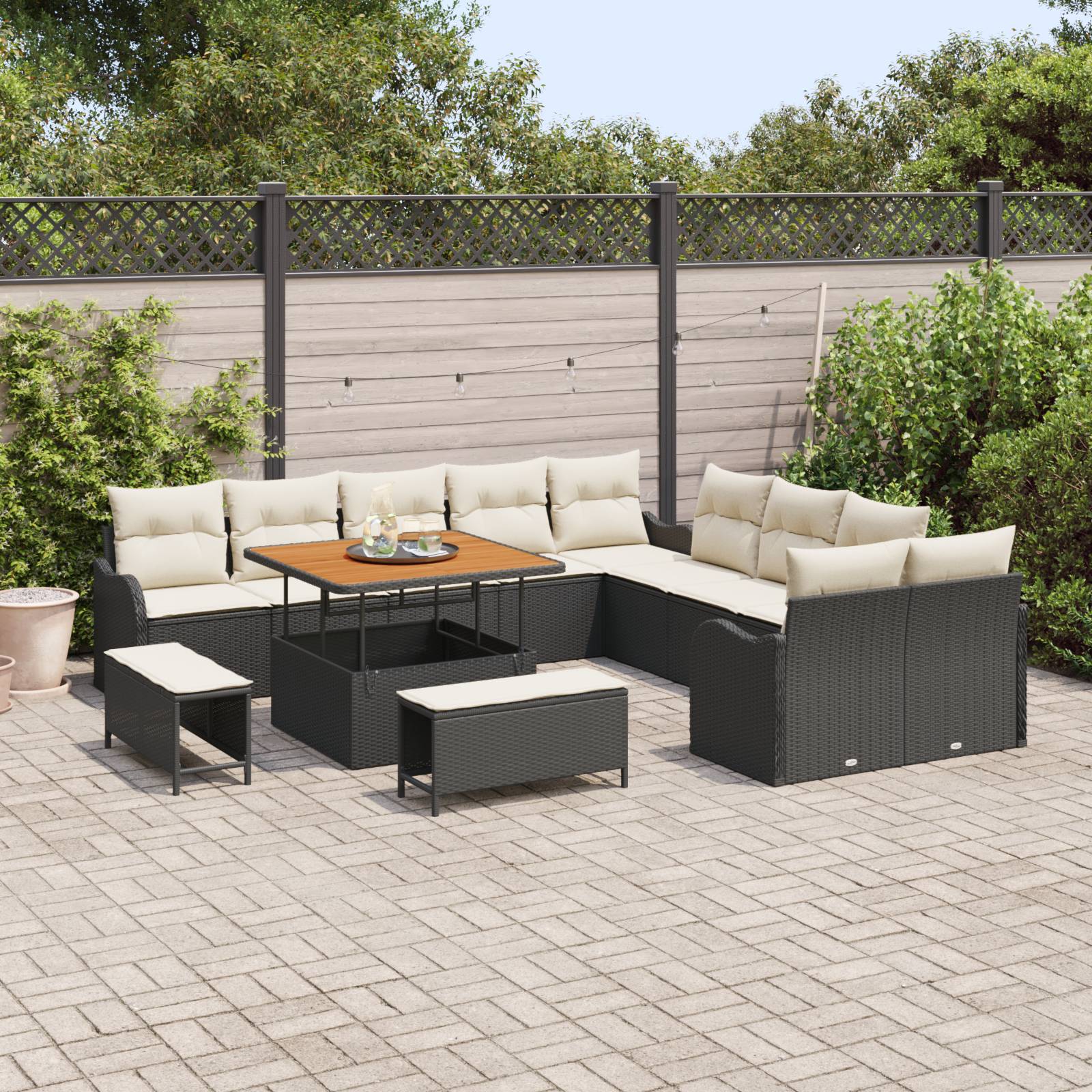 vidaXL 13-teiliges Garten Sofa Set mit Kissen Schwarz Poly Rattan Akazie