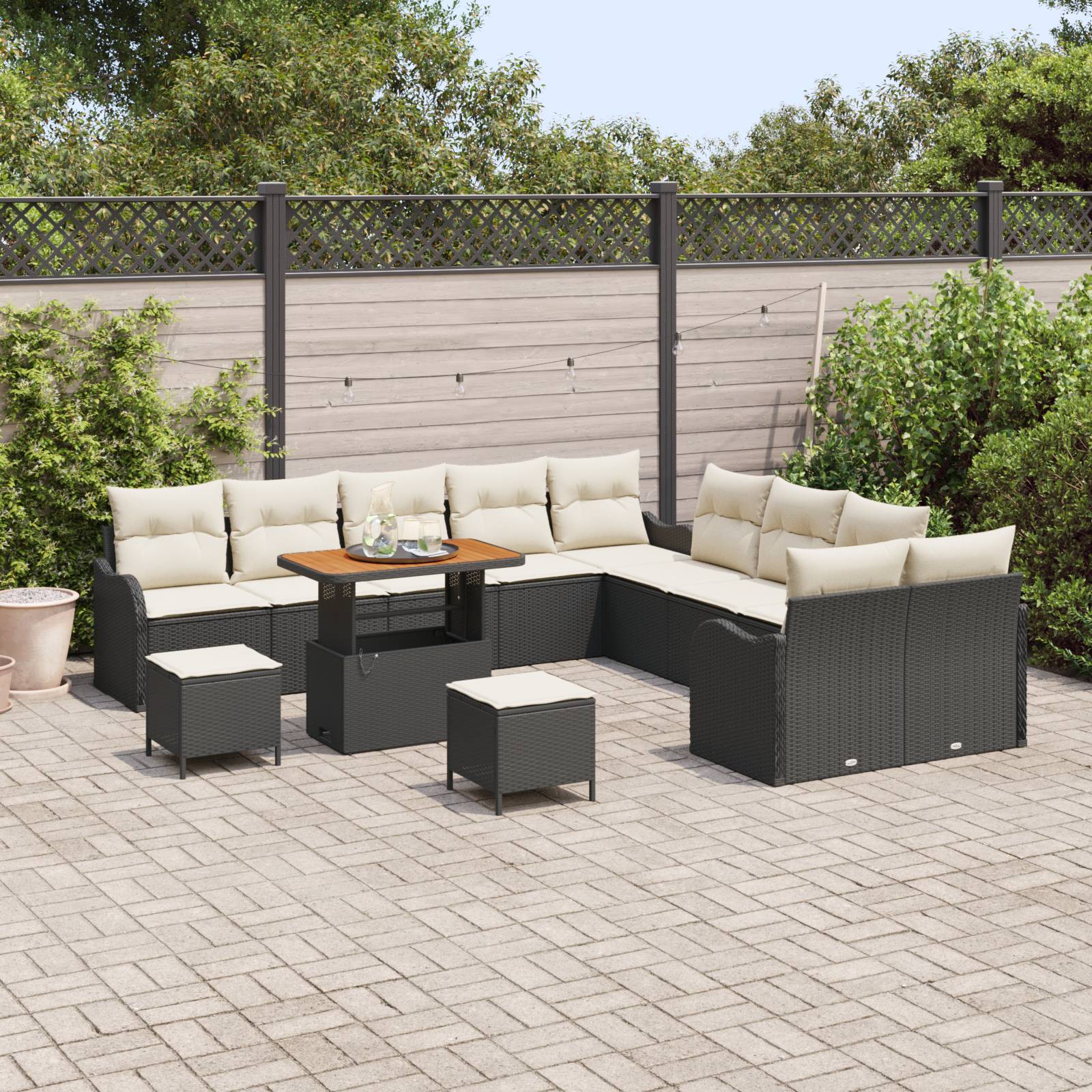 vidaXL 13-tlg. Garten-Sofagarnitur mit Kissen Schwarz Poly Rattan