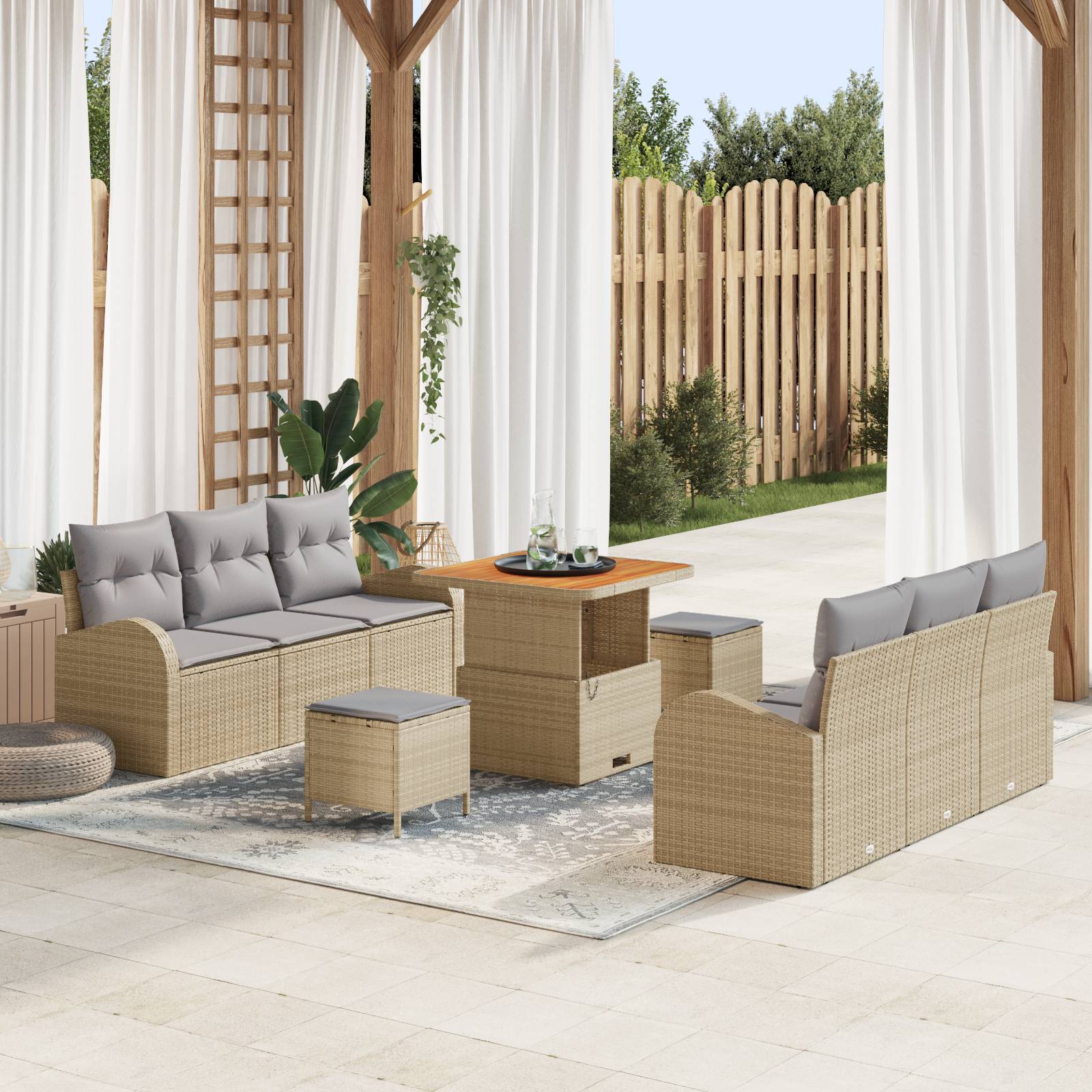 vidaXL 9-teiliges Garten Sofa Set mit Kissen Beige Poly Rattan Akazie