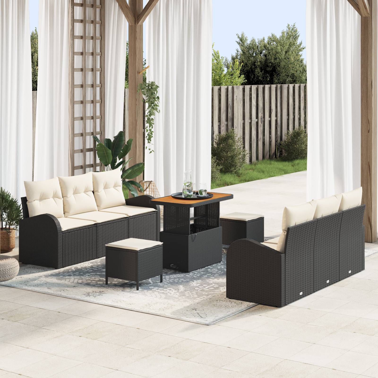 vidaXL 9-teiliges Garten-Sofa-Set mit Kissen Schwarz Poly-Rattan Akazie