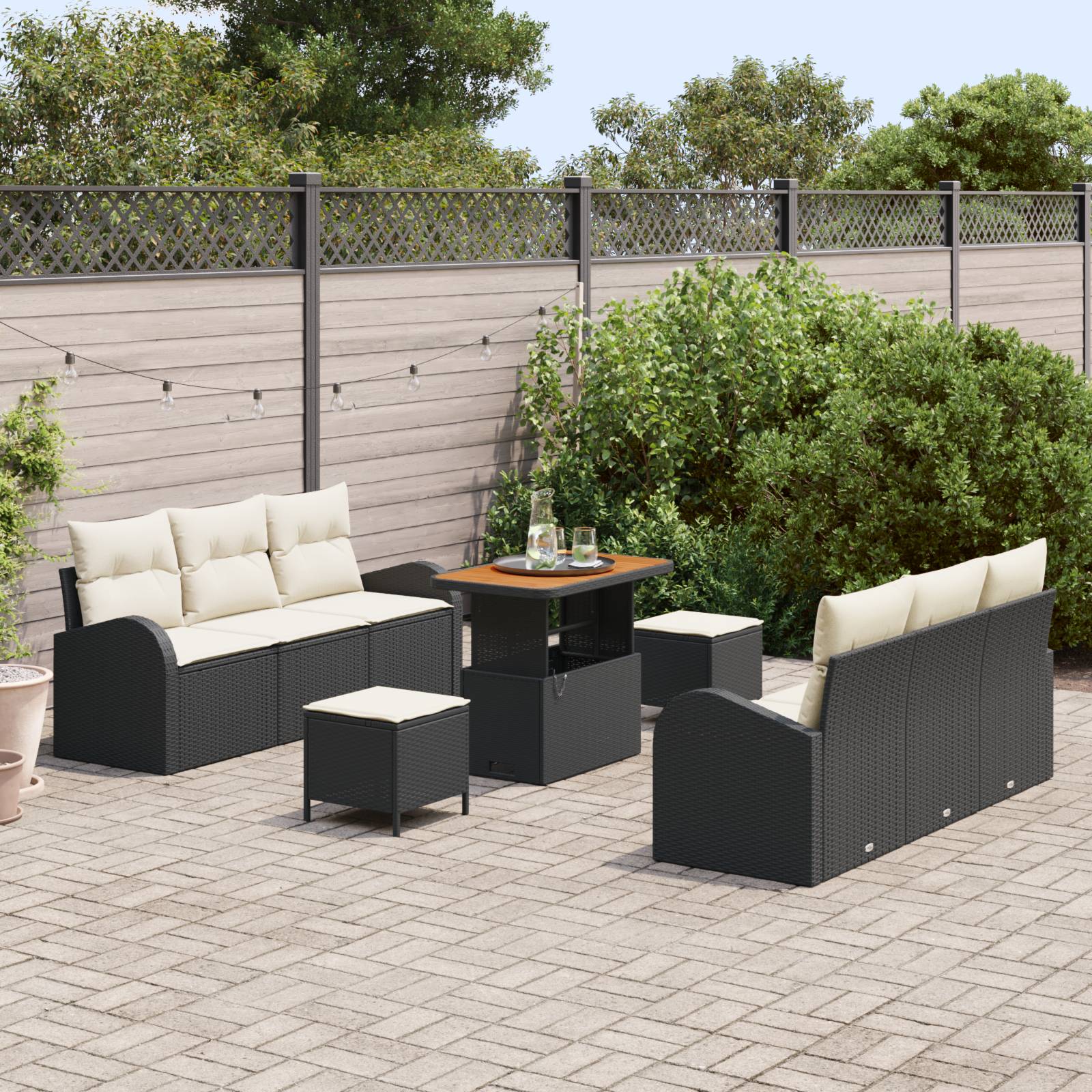 vidaXL 9-teiliges Garten-Sofa-Set mit Kissen Schwarz Poly-Rattan Akazie