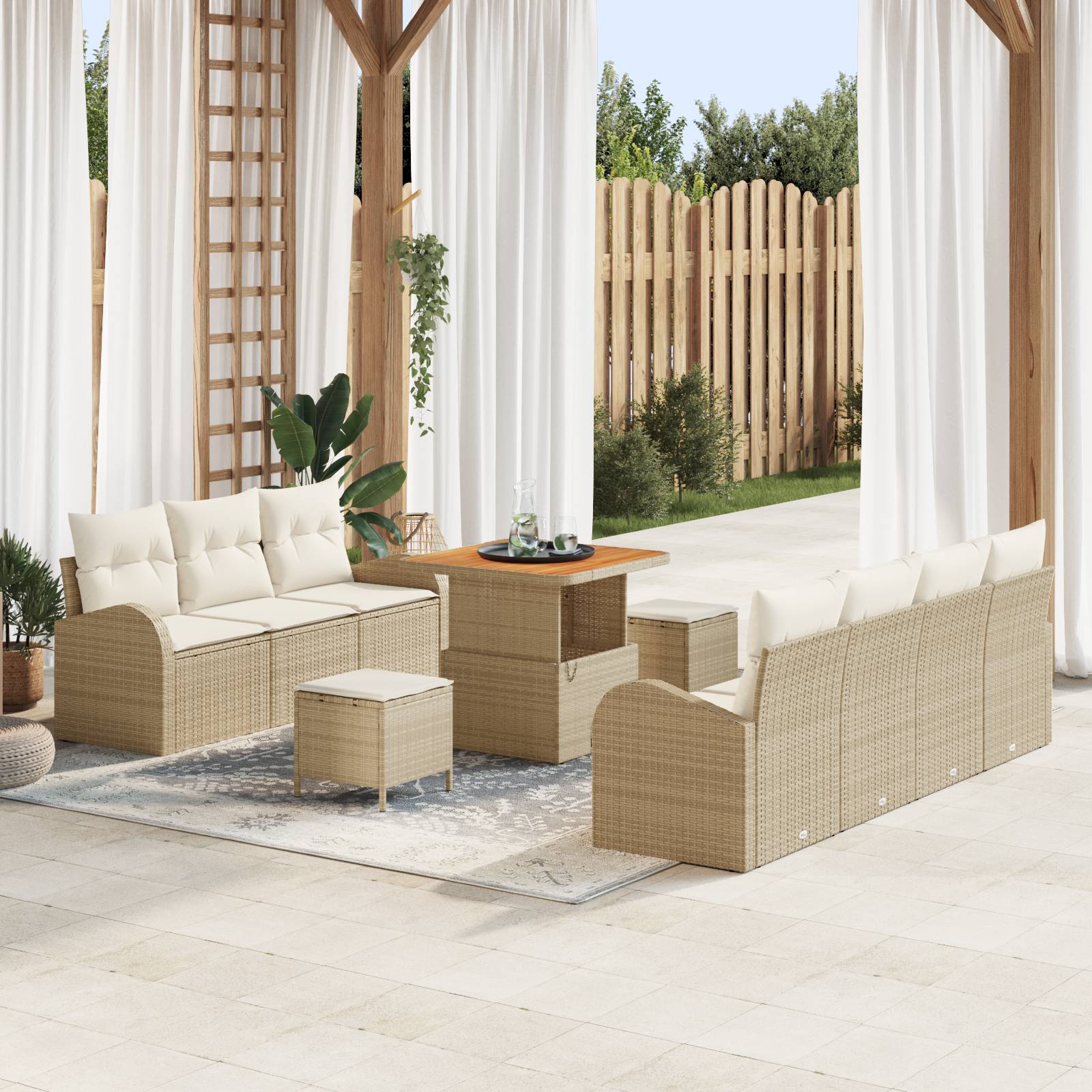 vidaXL 10-teiliges Garten-Sofa-Set mit Kissen in beigem Poly-Rattan