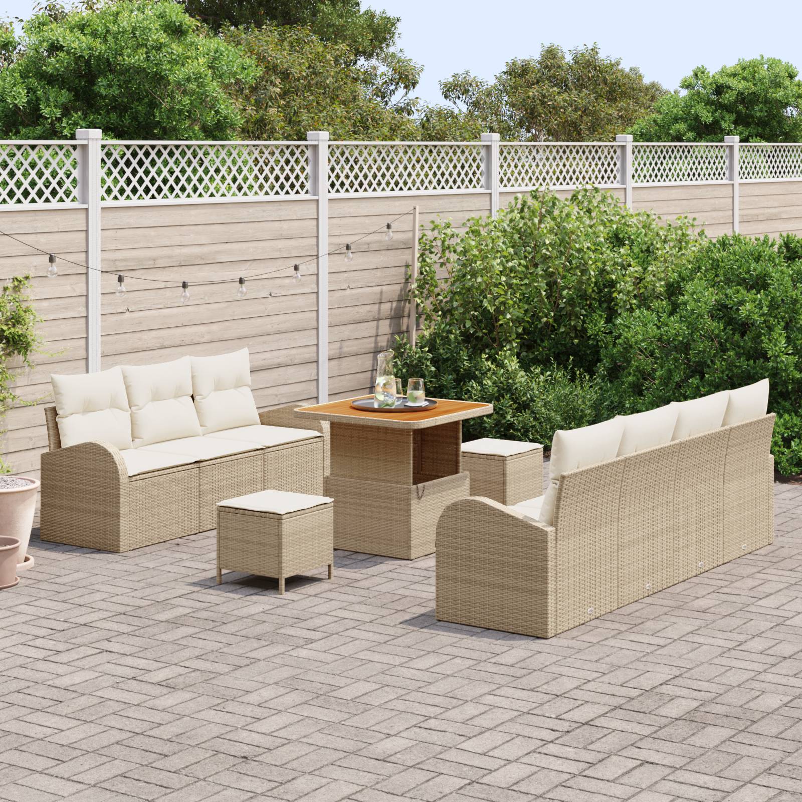 vidaXL 10-teiliges Garten-Sofa-Set mit Kissen in beigem Poly-Rattan