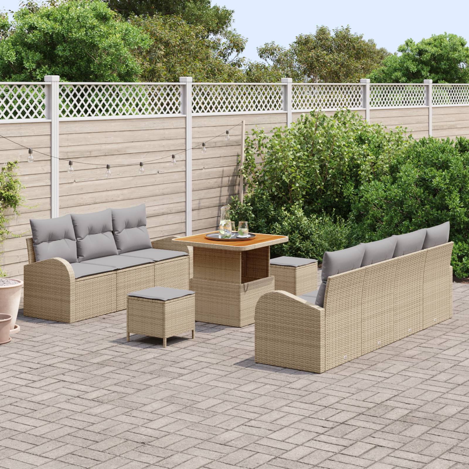 vidaXL 10-teiliges Garten Sofa Set mit Kissen Beige Poly Rattan Akazie