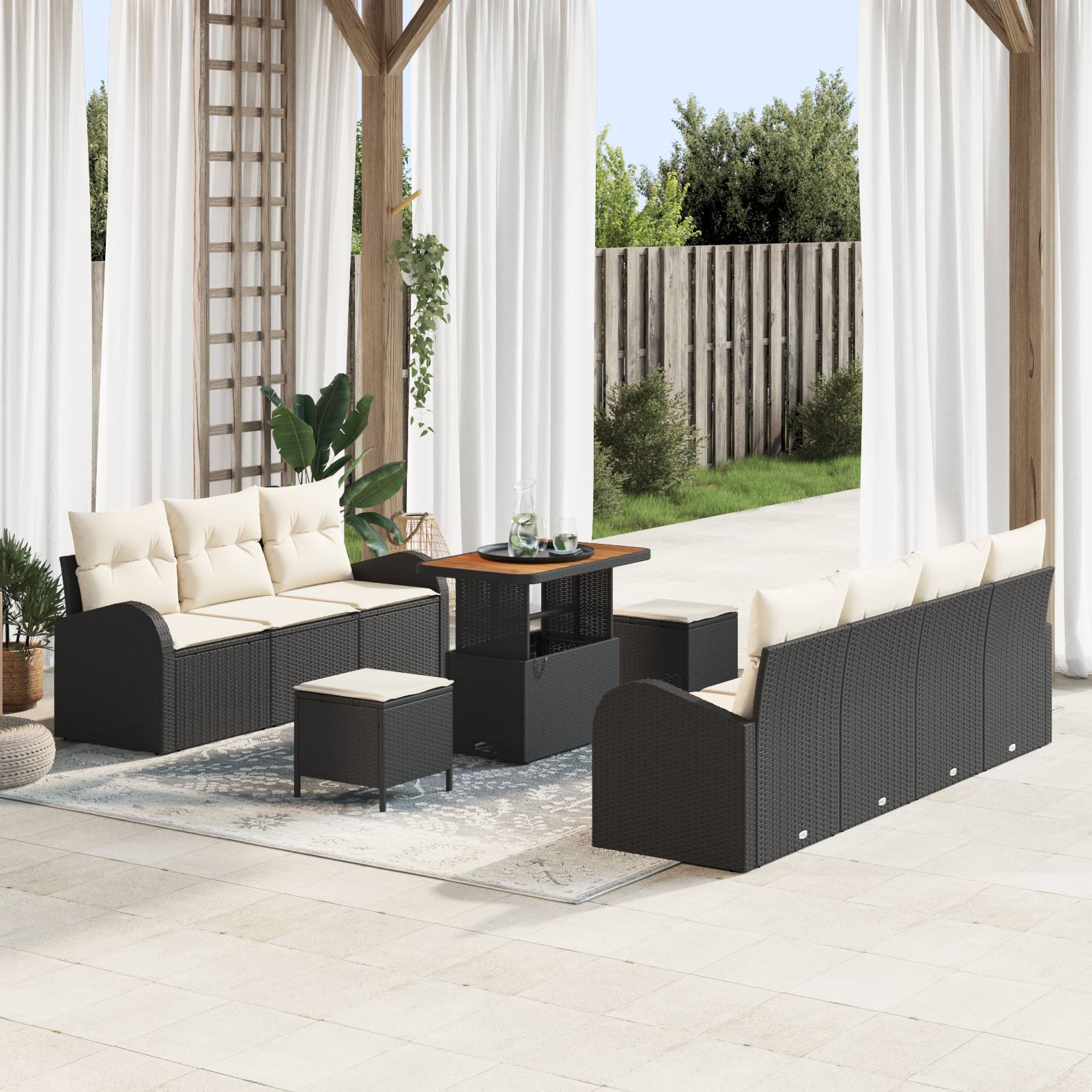 vidaXL 10-teiliges Garten Sofa Set mit Kissen Schwarz Poly Rattan Akazie