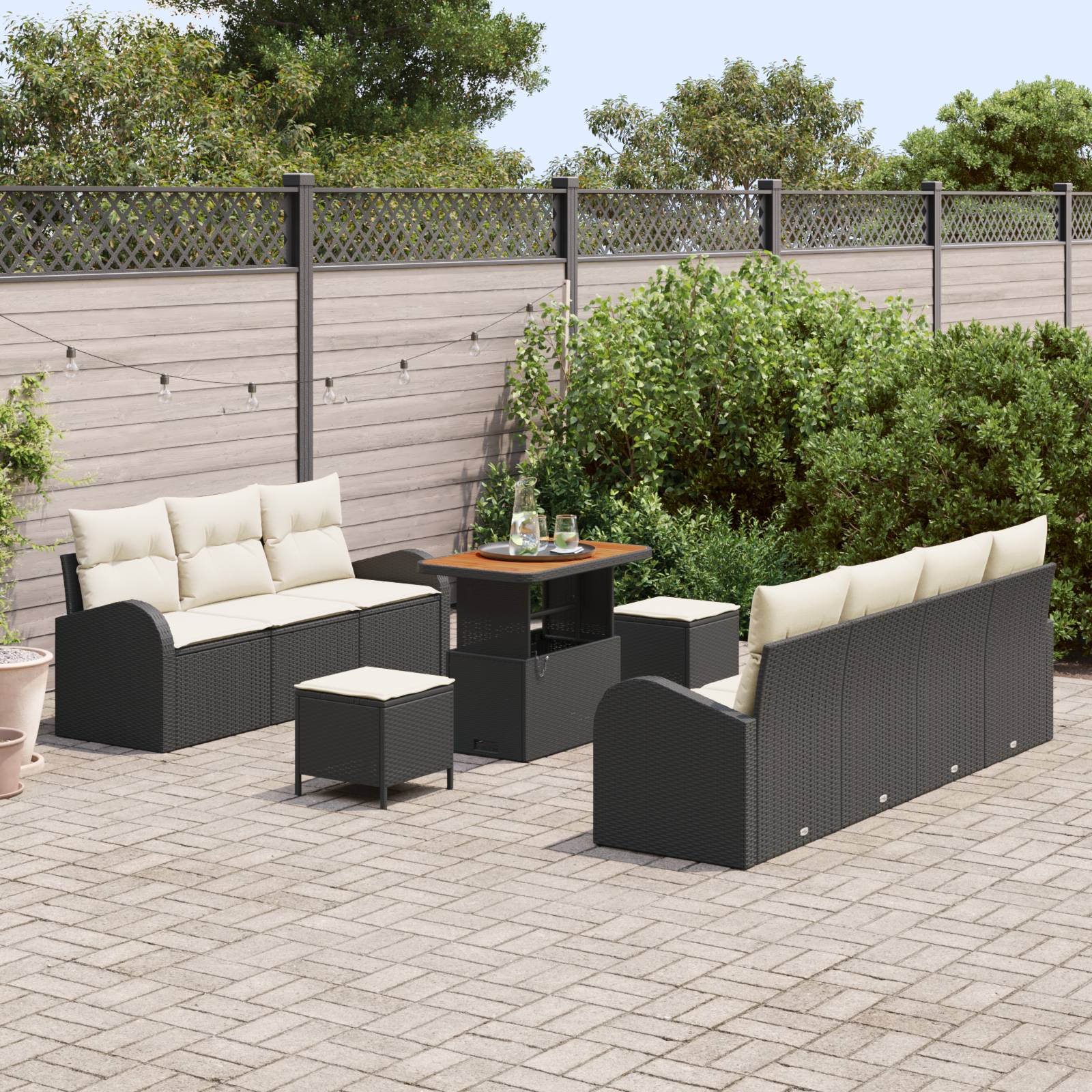 vidaXL 10-teiliges Garten Sofa Set mit Kissen Schwarz Poly Rattan Akazie