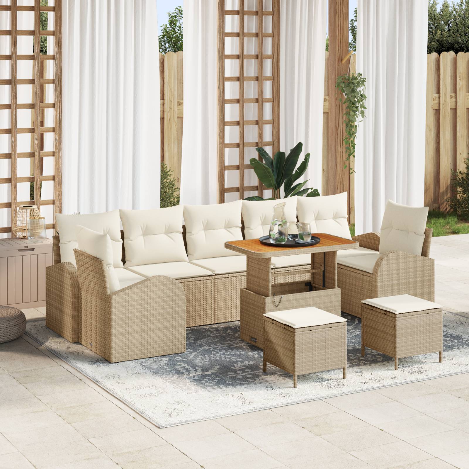 vidaXL 10-teiliges Garten Sofa Set mit Kissen Beige Poly Rattan Akazie