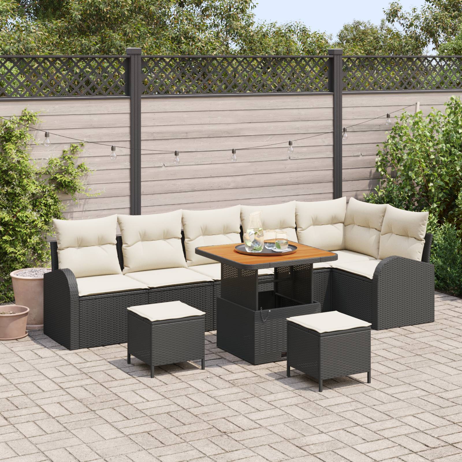 vidaXL 9-teiliges Garten-Sofaset mit Kissen, Schwarz, Poly-Rattan, Akazie