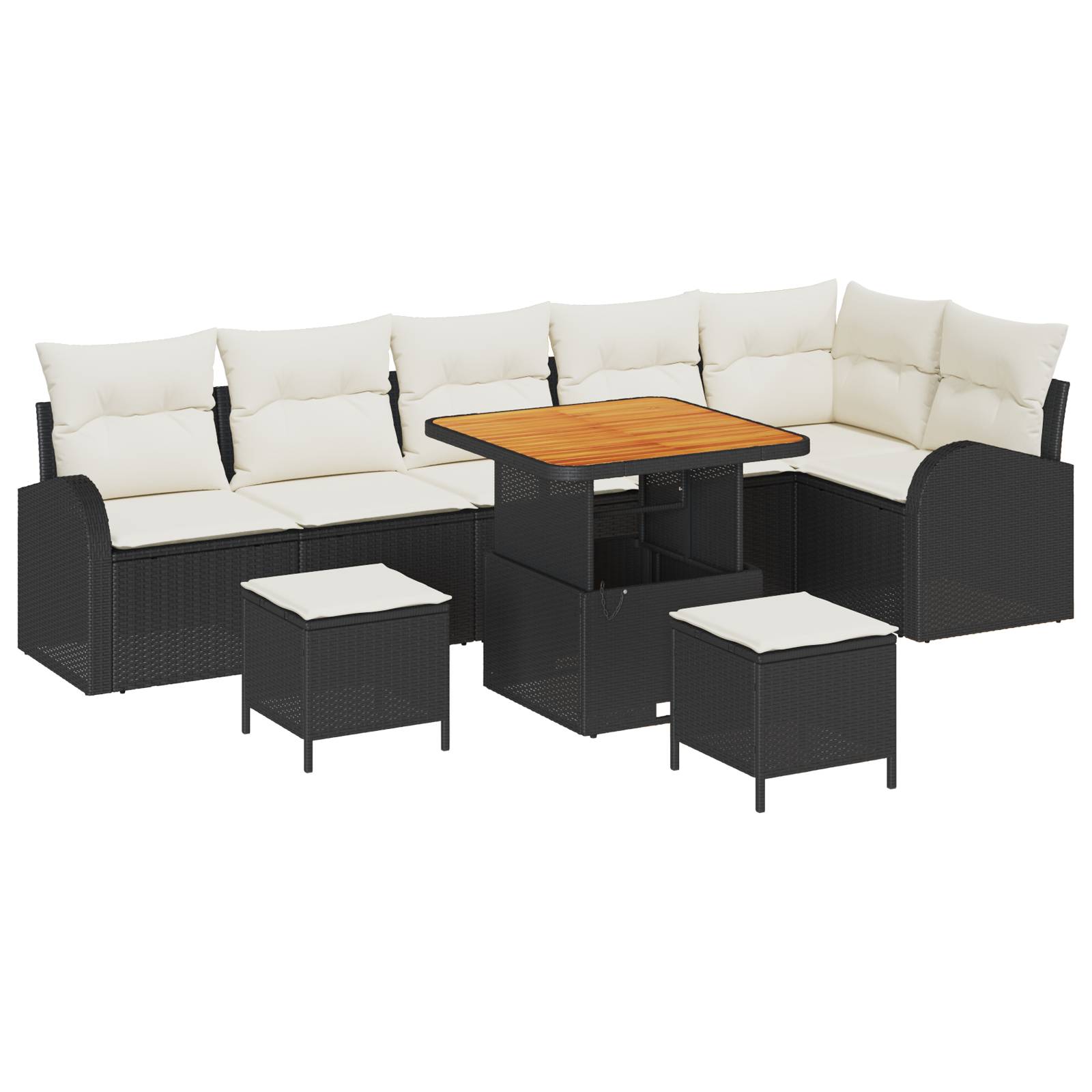 vidaXL 9-teiliges Garten-Sofaset mit Kissen, Schwarz, Poly-Rattan, Akazie