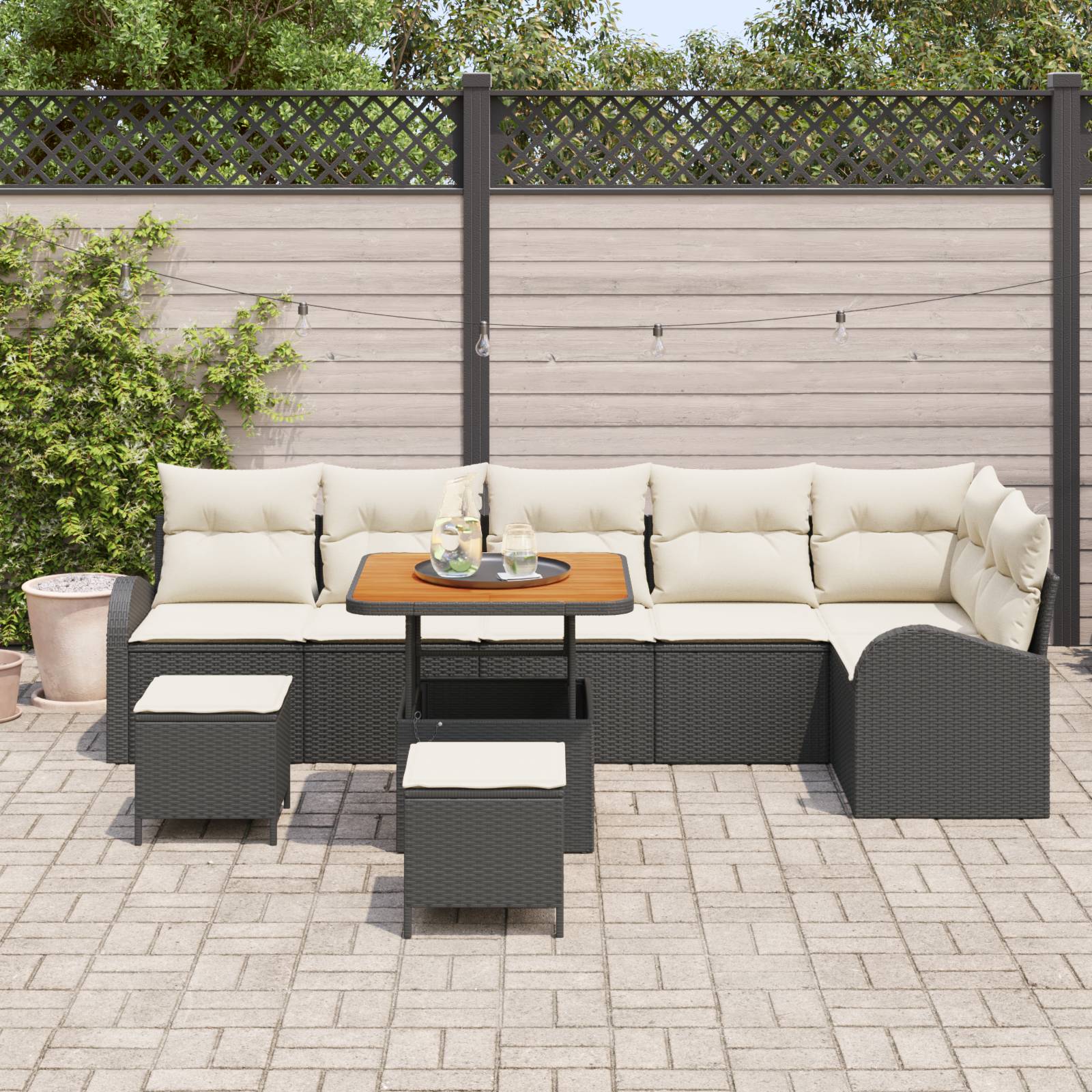 vidaXL 9-teiliges Garten-Sofaset mit Kissen, Schwarz, Poly-Rattan, Akazie