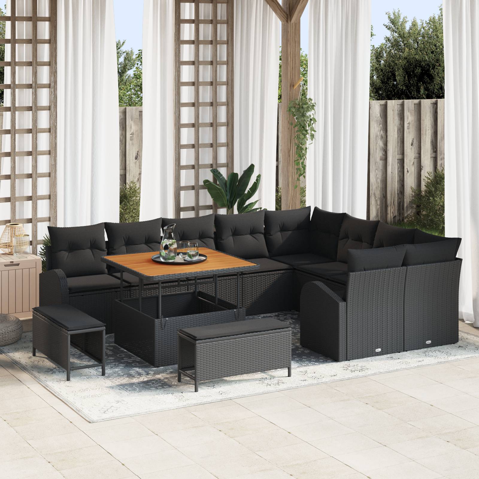 vidaXL 12-teiliges Garten Sofa Set mit Kissen Schwarz Poly-Rattan Akazie