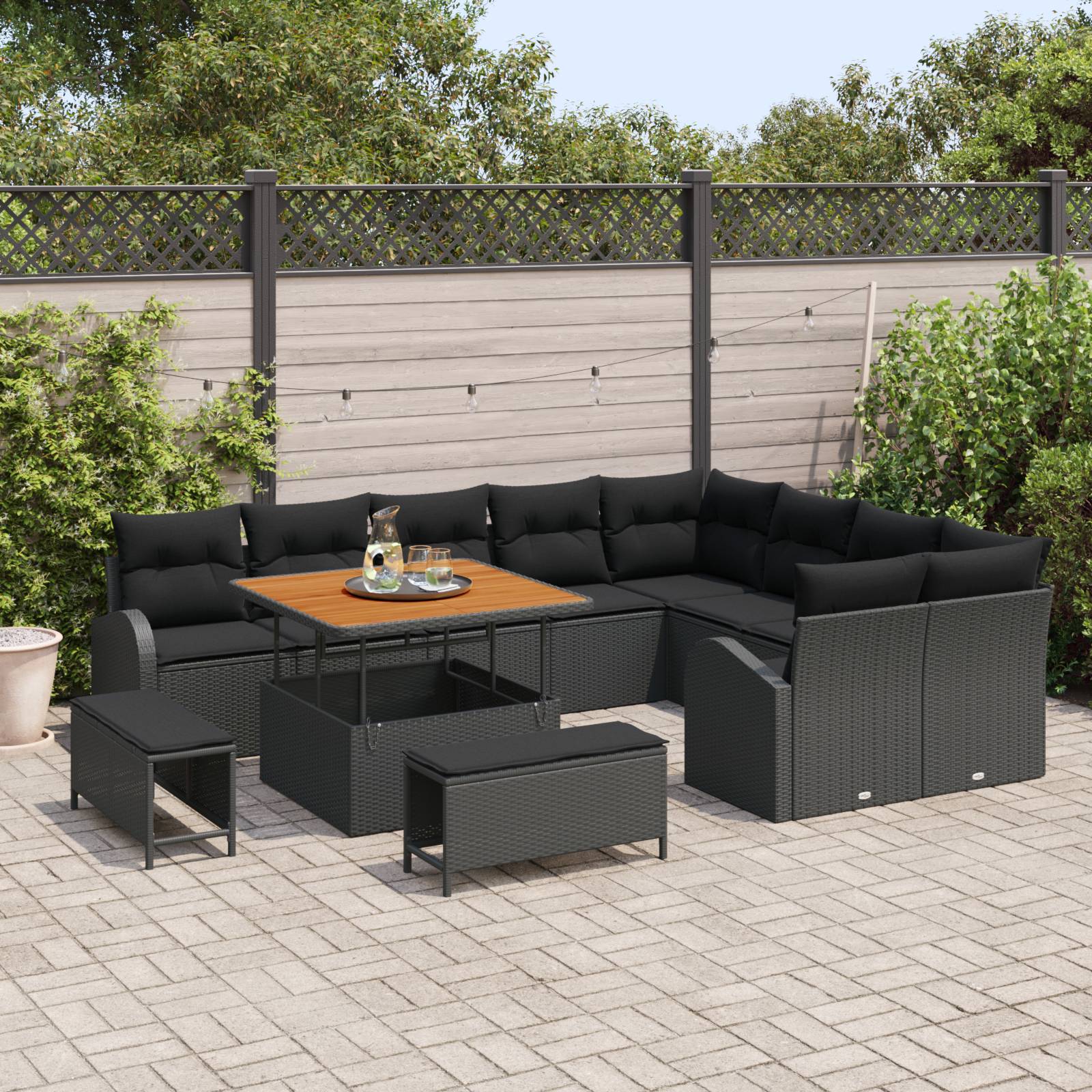 vidaXL 12-teiliges Garten Sofa Set mit Kissen Schwarz Poly-Rattan Akazie
