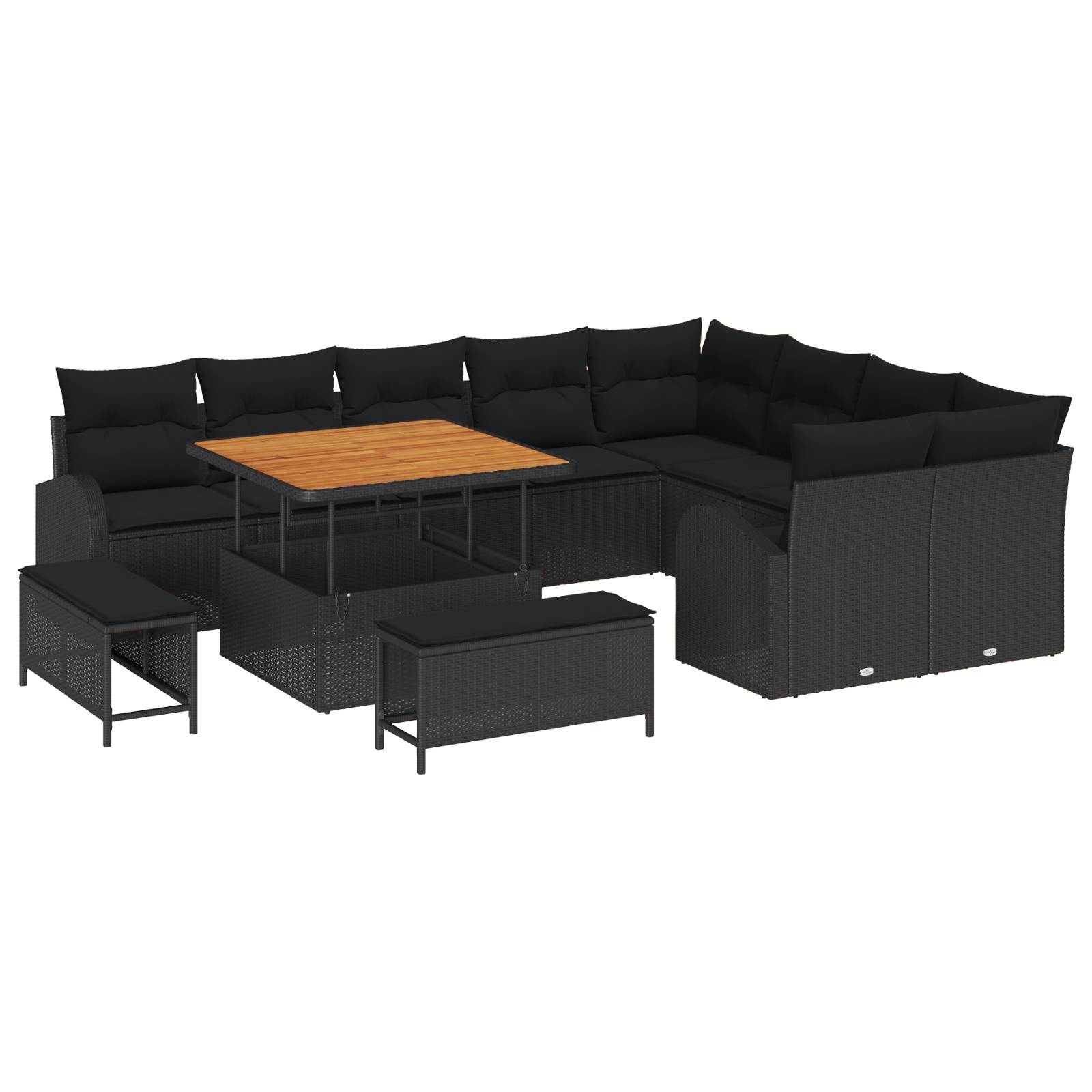 vidaXL 12-teiliges Garten Sofa Set mit Kissen Schwarz Poly-Rattan Akazie