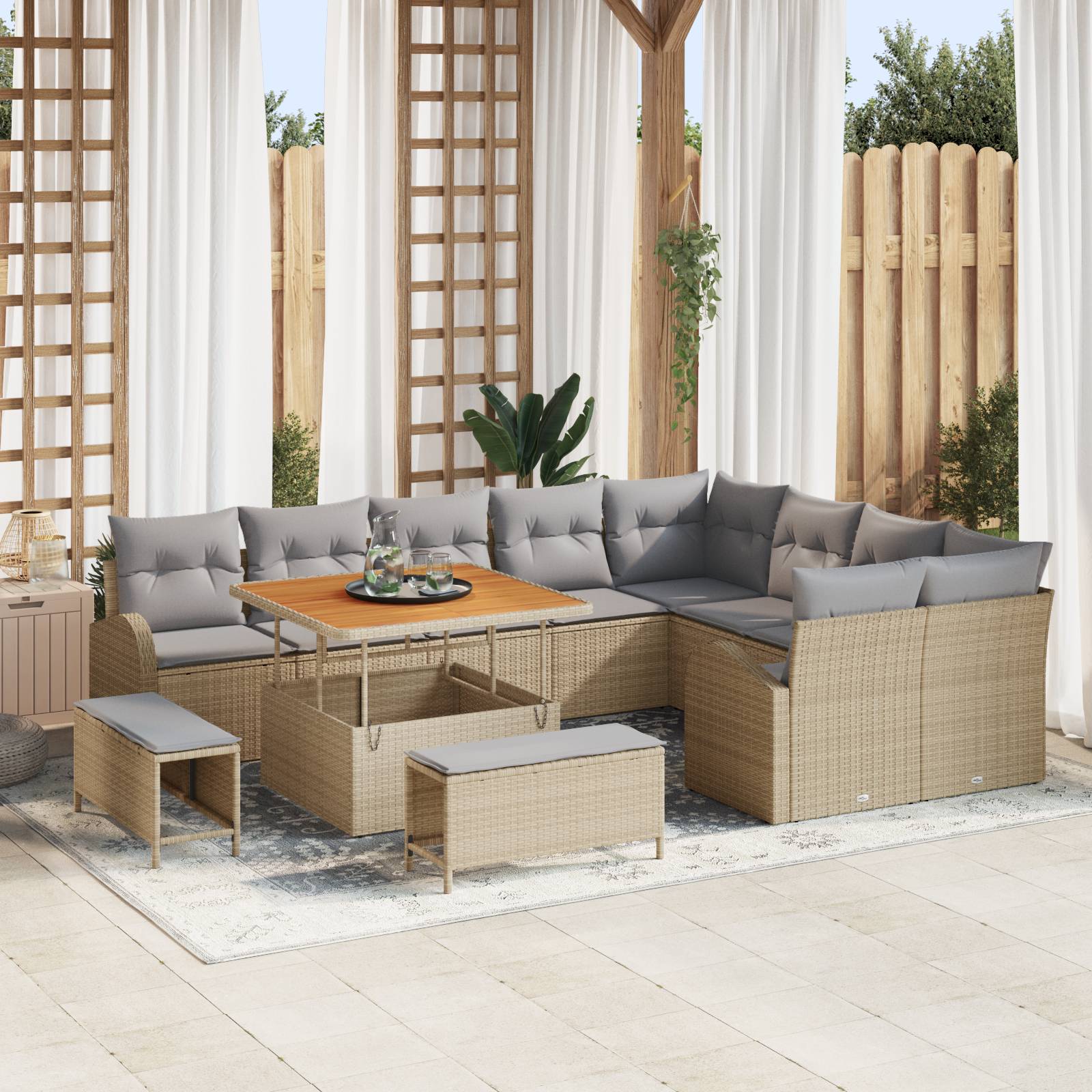 vidaXL 12-teiliges Garten-Sofa-Set mit Kissen in Beige aus Poly-Rattan, Akazie