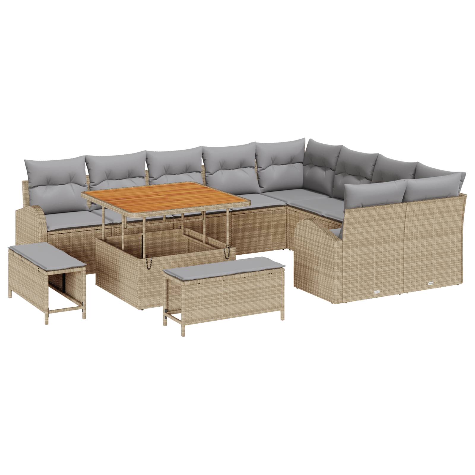 vidaXL 12-teiliges Garten-Sofa-Set mit Kissen in Beige aus Poly-Rattan, Akazie