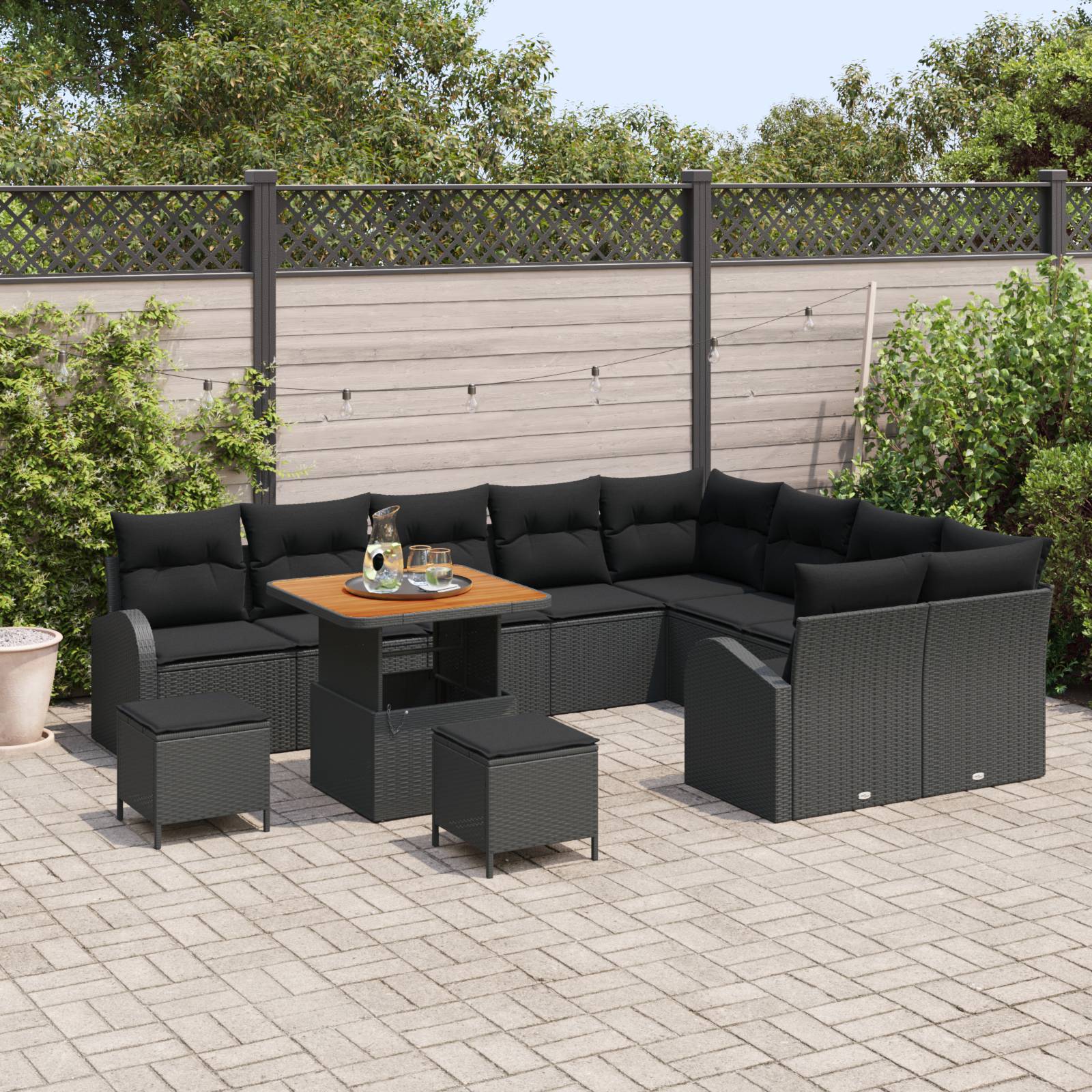 vidaXL 12-teilige Garten-Sofa-Set mit Kissen Schwarz Poly-Rattan Akazie