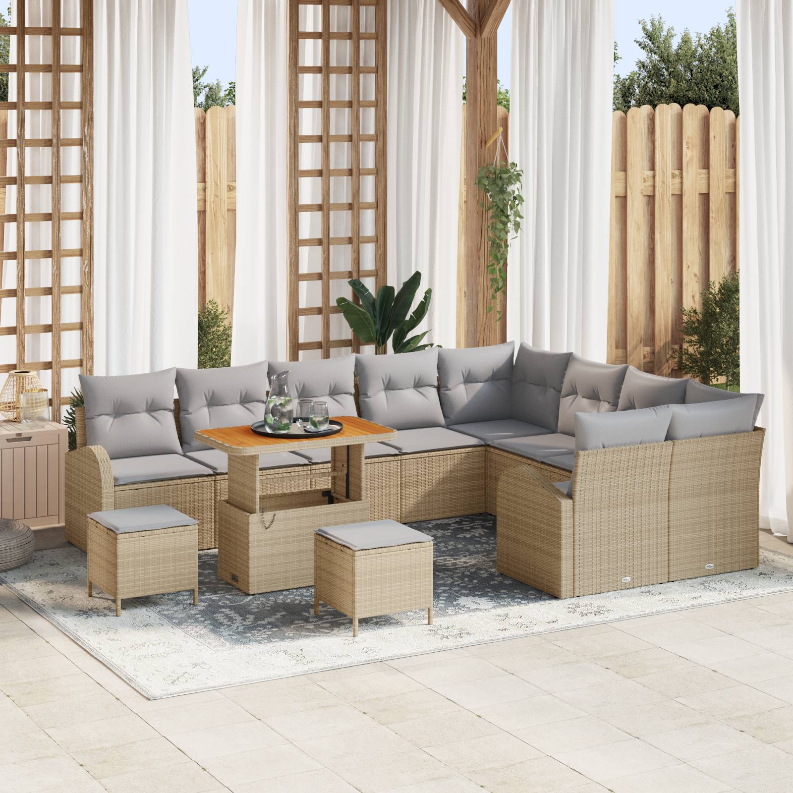 vidaXL 12-teiliges Garten Sofa Set mit Kissen Beige Poly Rattan Akazie