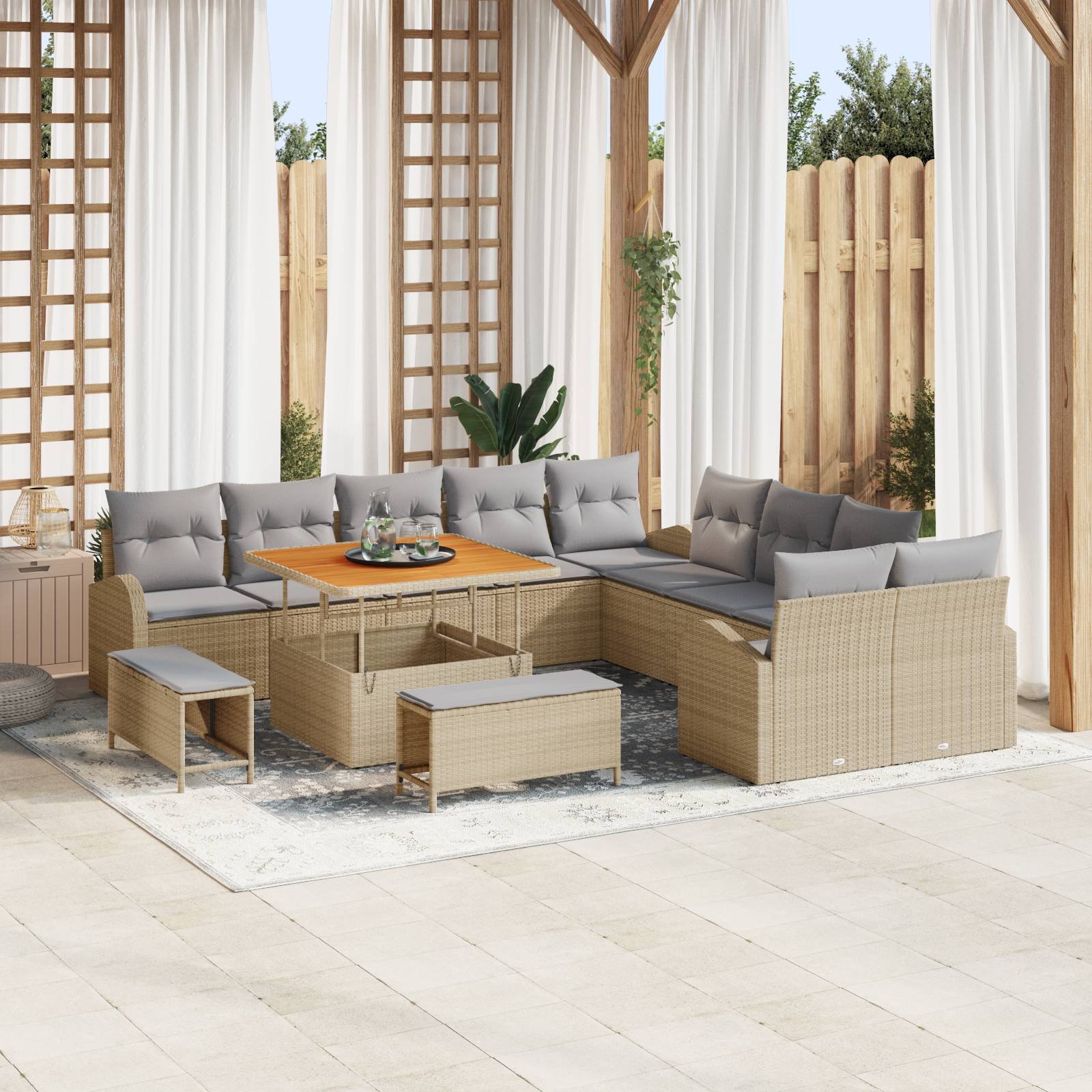 vidaXL 13-tlg. Garten-Sofagarnitur mit Kissen Beige Poly Rattan Akazie