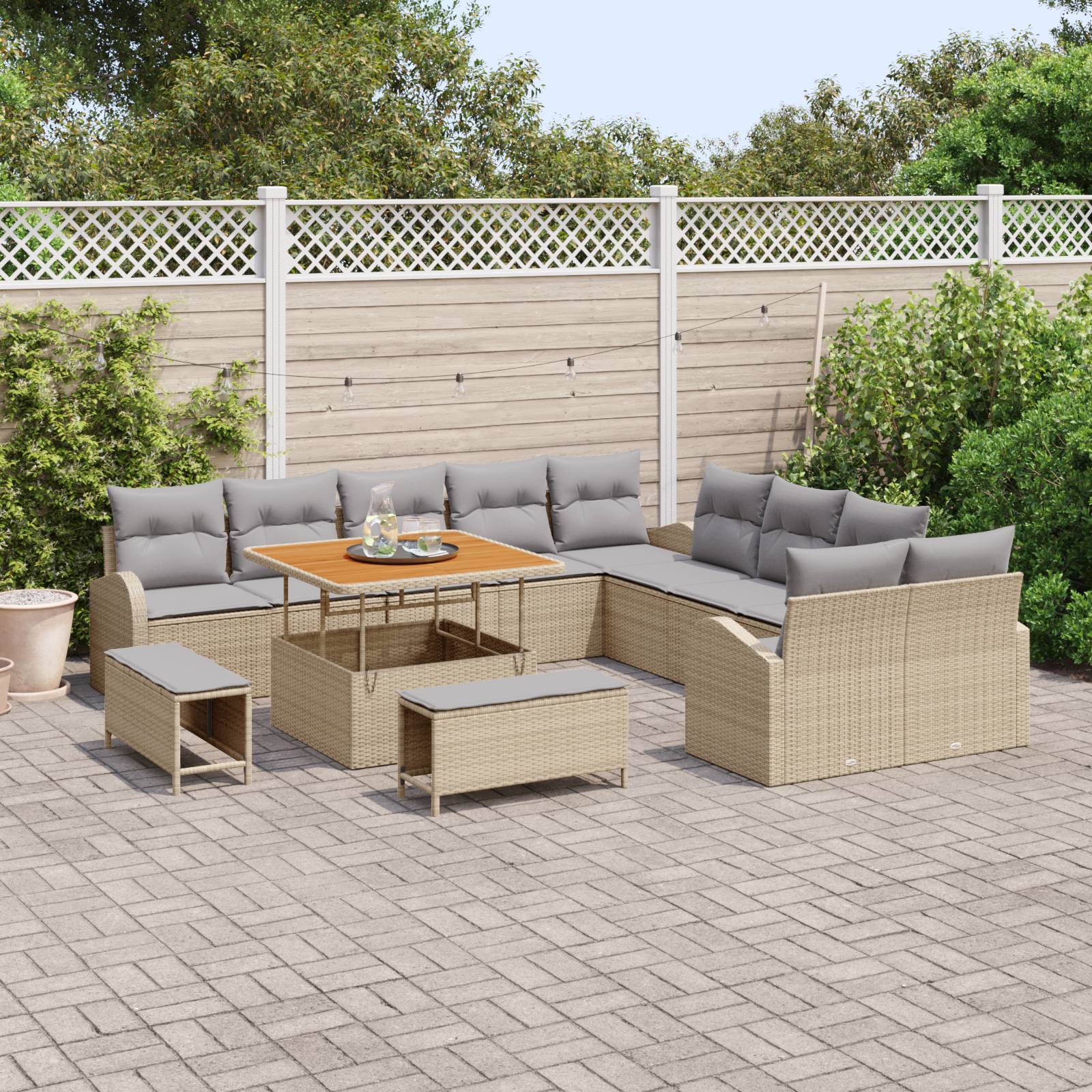 vidaXL 13-tlg. Garten-Sofagarnitur mit Kissen Beige Poly Rattan Akazie