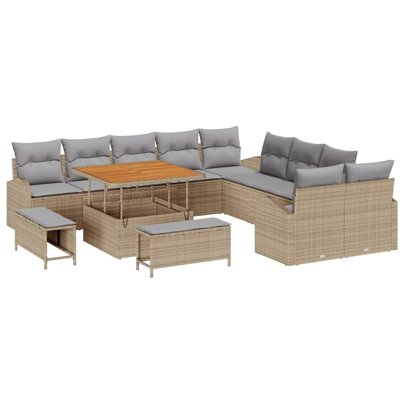 vidaXL 13-tlg. Garten-Sofagarnitur mit Kissen Beige Poly Rattan Akazie
