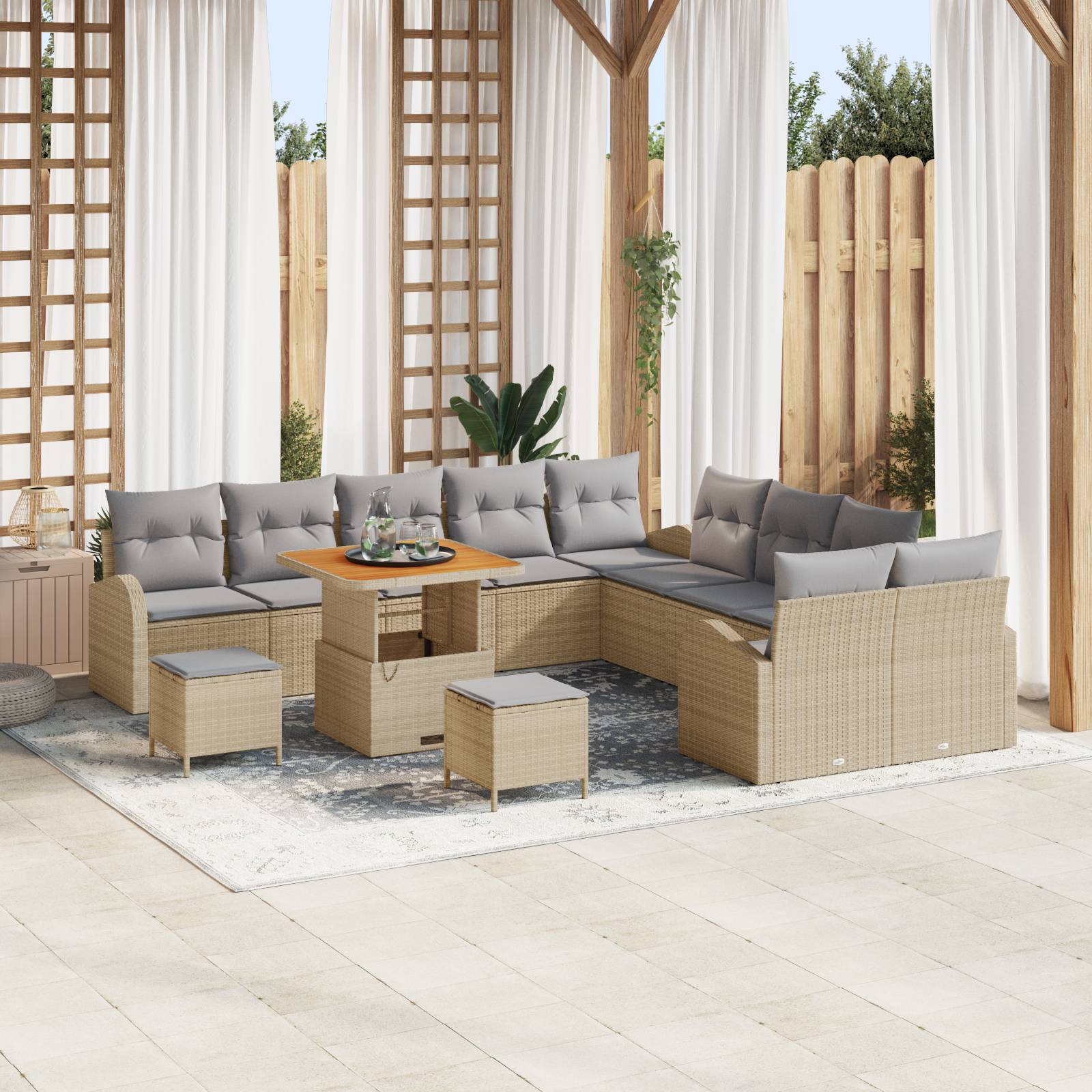 vidaXL 13-tlg. Garten-Sofagarnitur mit Kissen Beige Poly Rattan Akazie