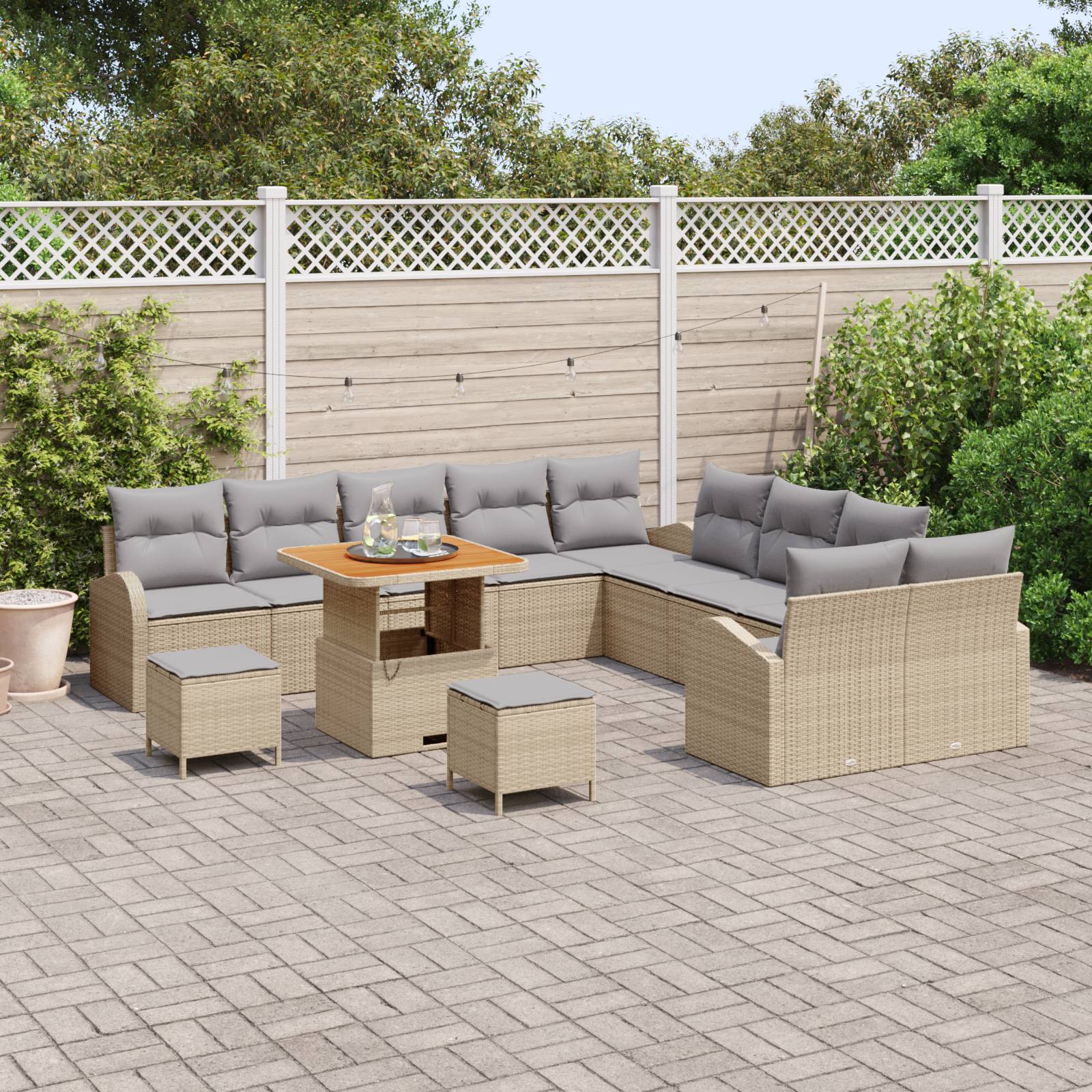 vidaXL 13-tlg. Garten-Sofagarnitur mit Kissen Beige Poly Rattan Akazie