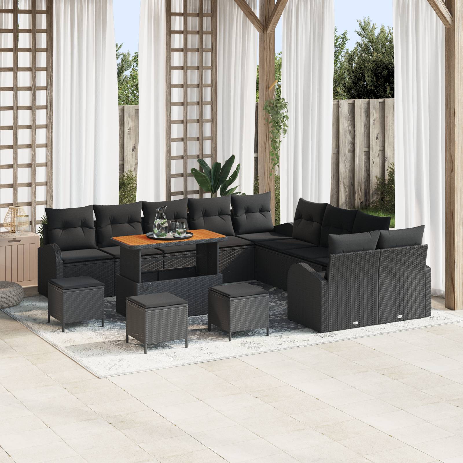 vidaXL 14-teiliges Garten Sofa Set mit Kissen Schwarz Poly-Rattan Akazie