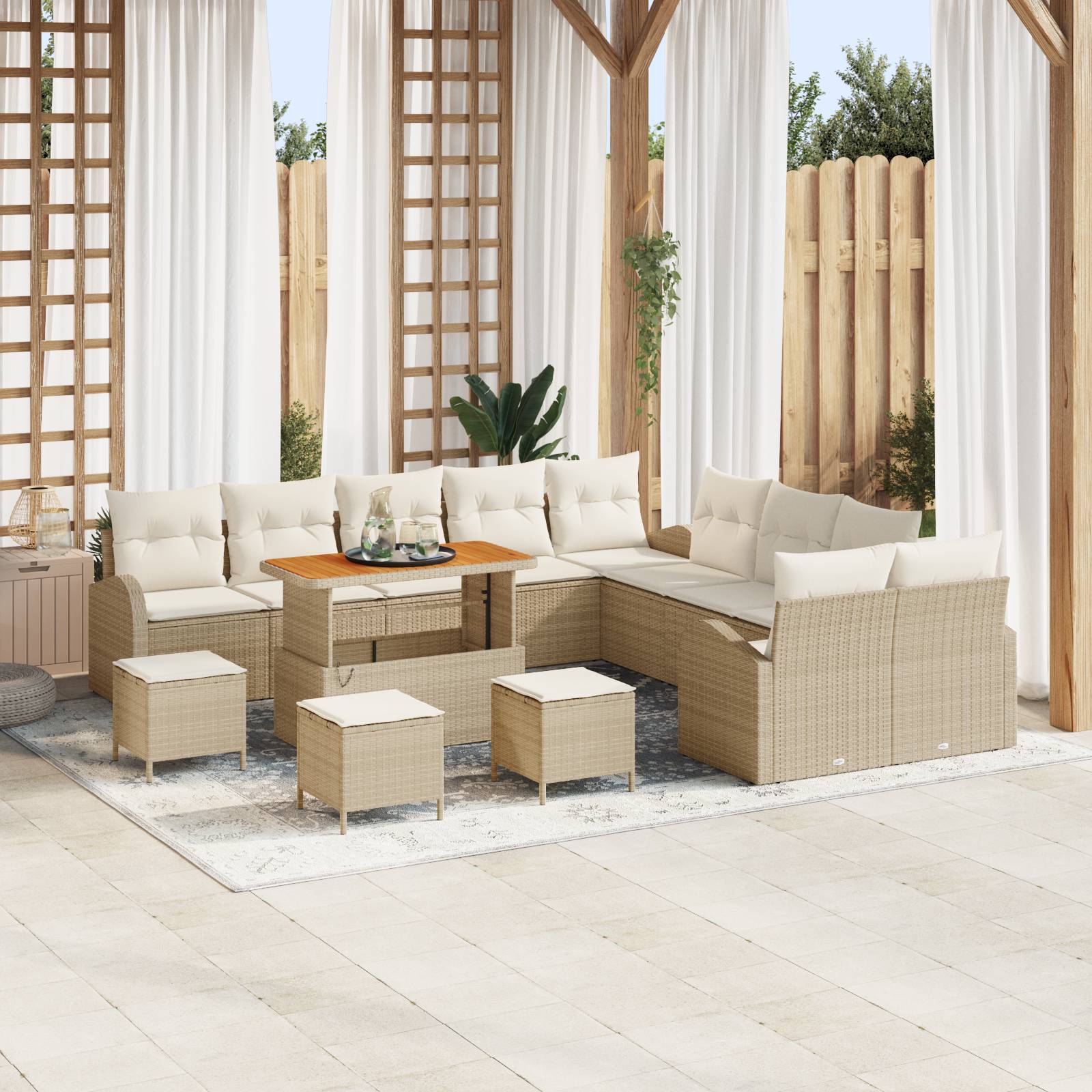 vidaXL 14-teiliges Garten Sofa Set mit Kissen Beige Poly Rattan Akazie