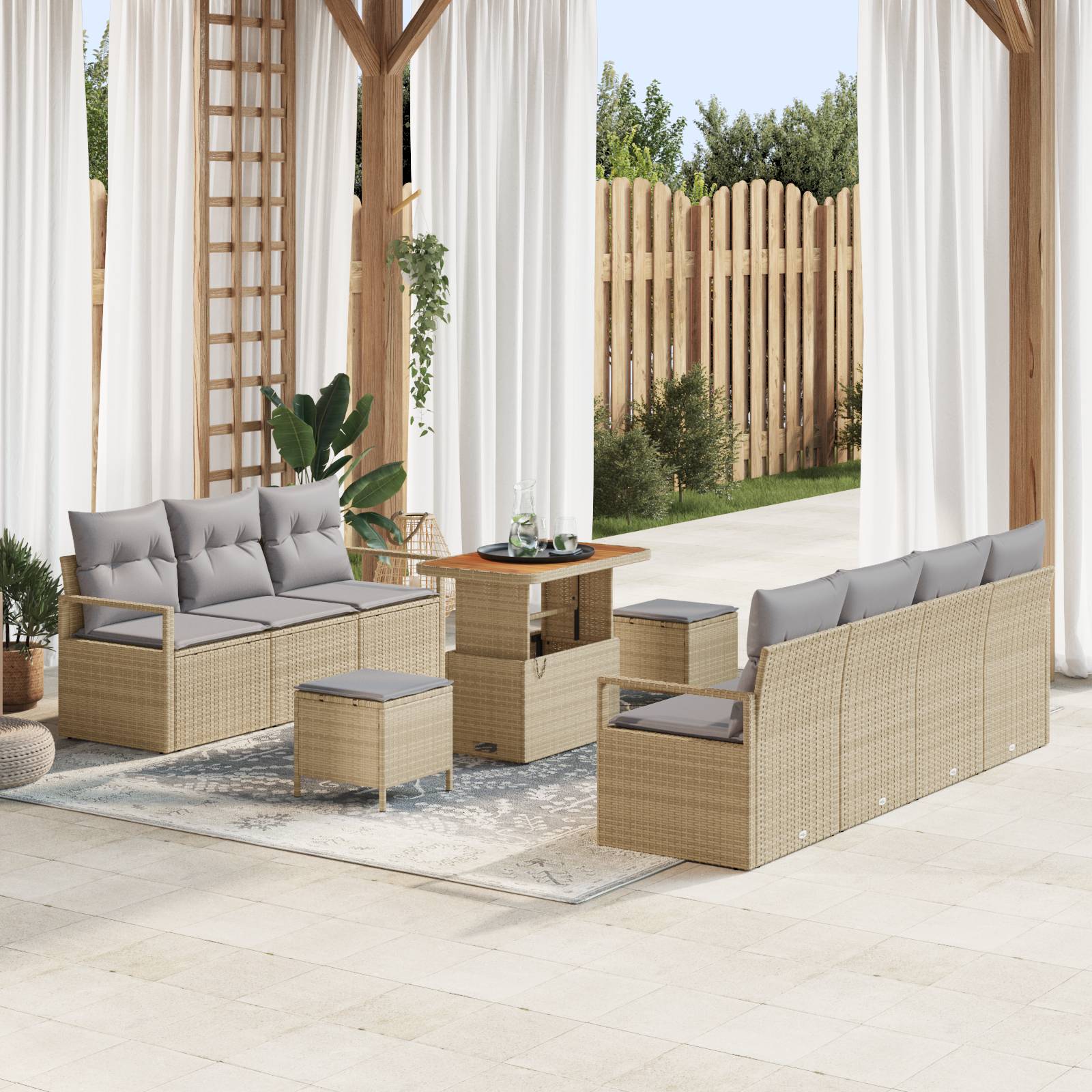 vidaXL 10-teiliges Garten Sofaset mit Kissen Beige Poly Rattan Akazie
