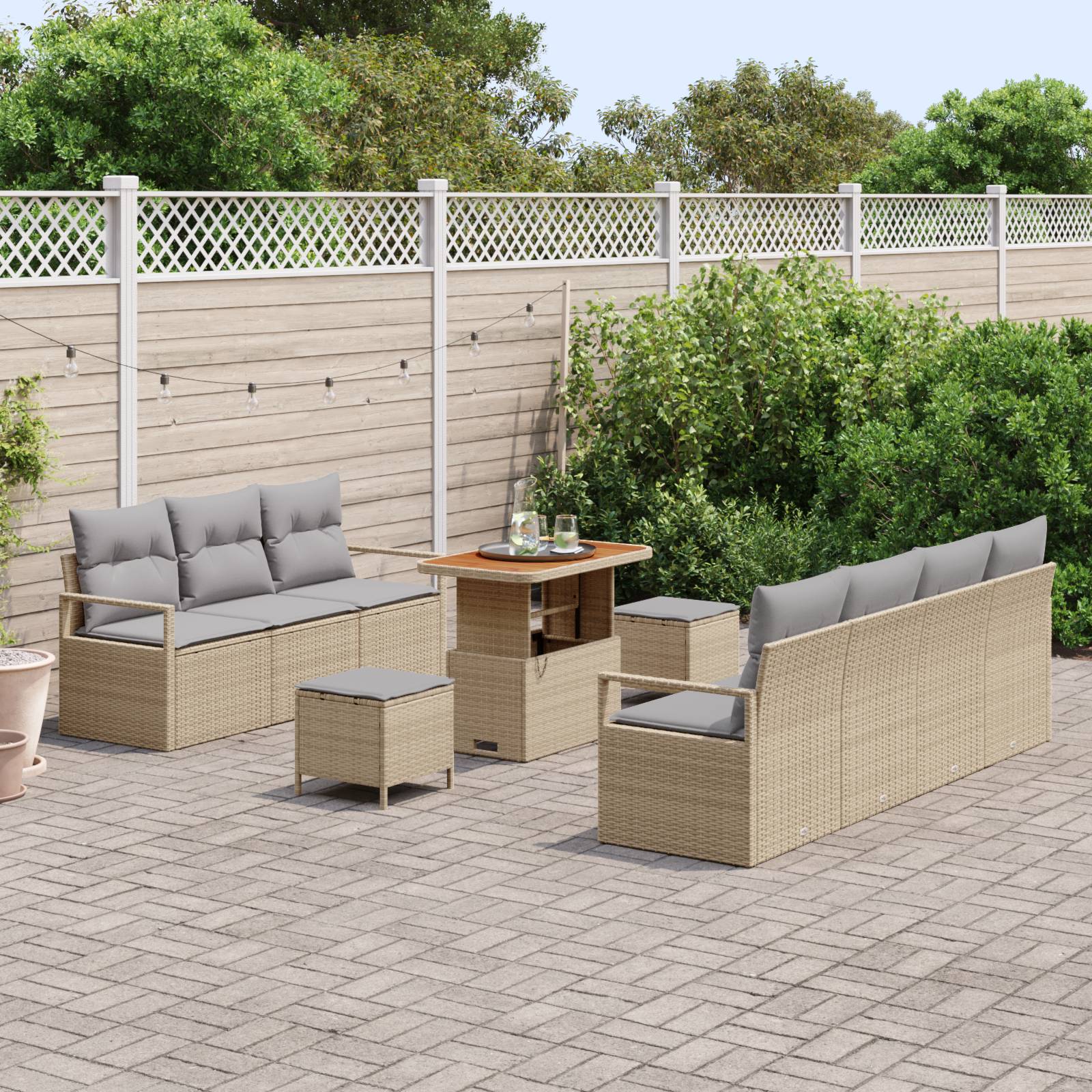 vidaXL 10-teiliges Garten Sofaset mit Kissen Beige Poly Rattan Akazie