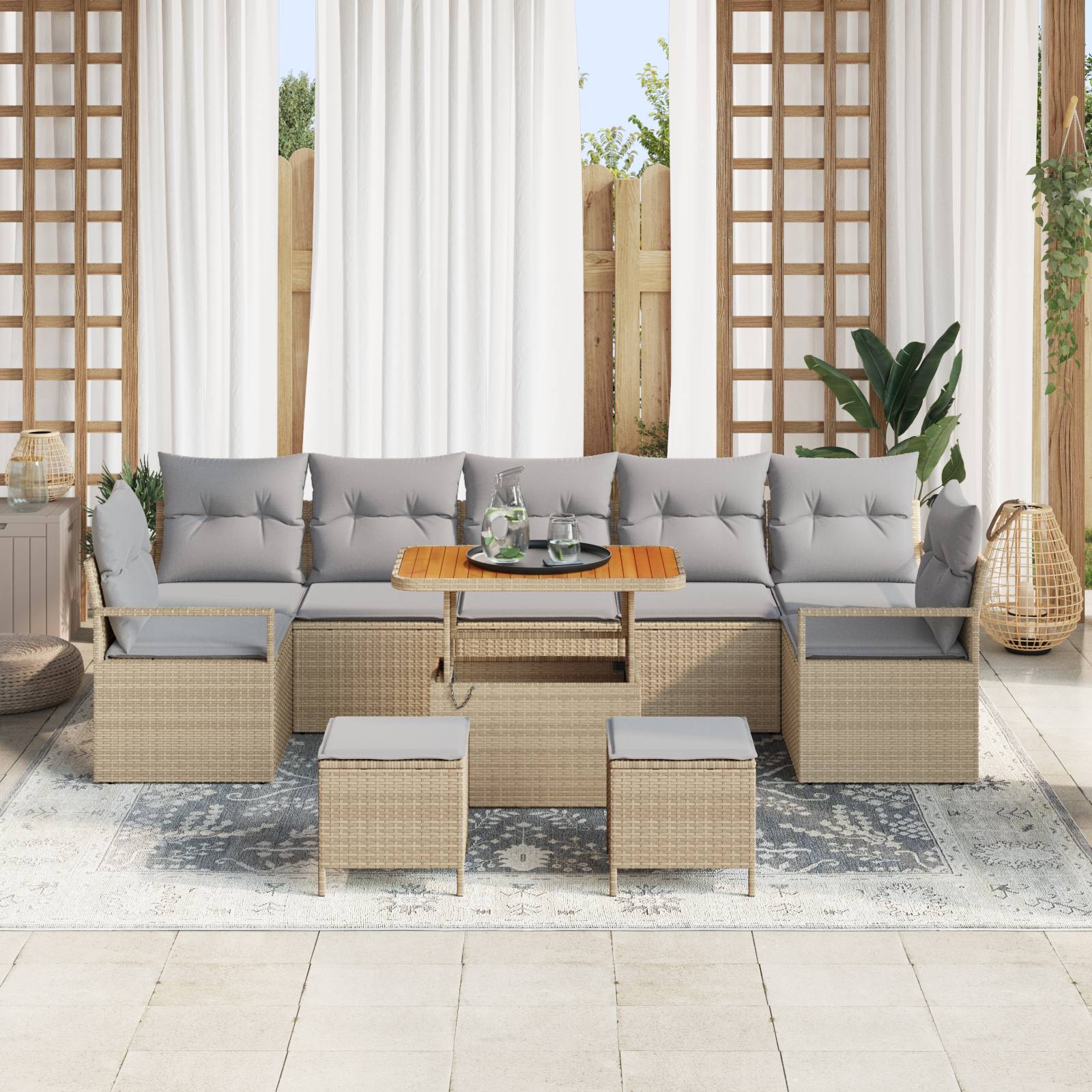 vidaXL 10-teiliges Garten-Sofa-Set mit Kissen Beige Poly Rattan Akazie