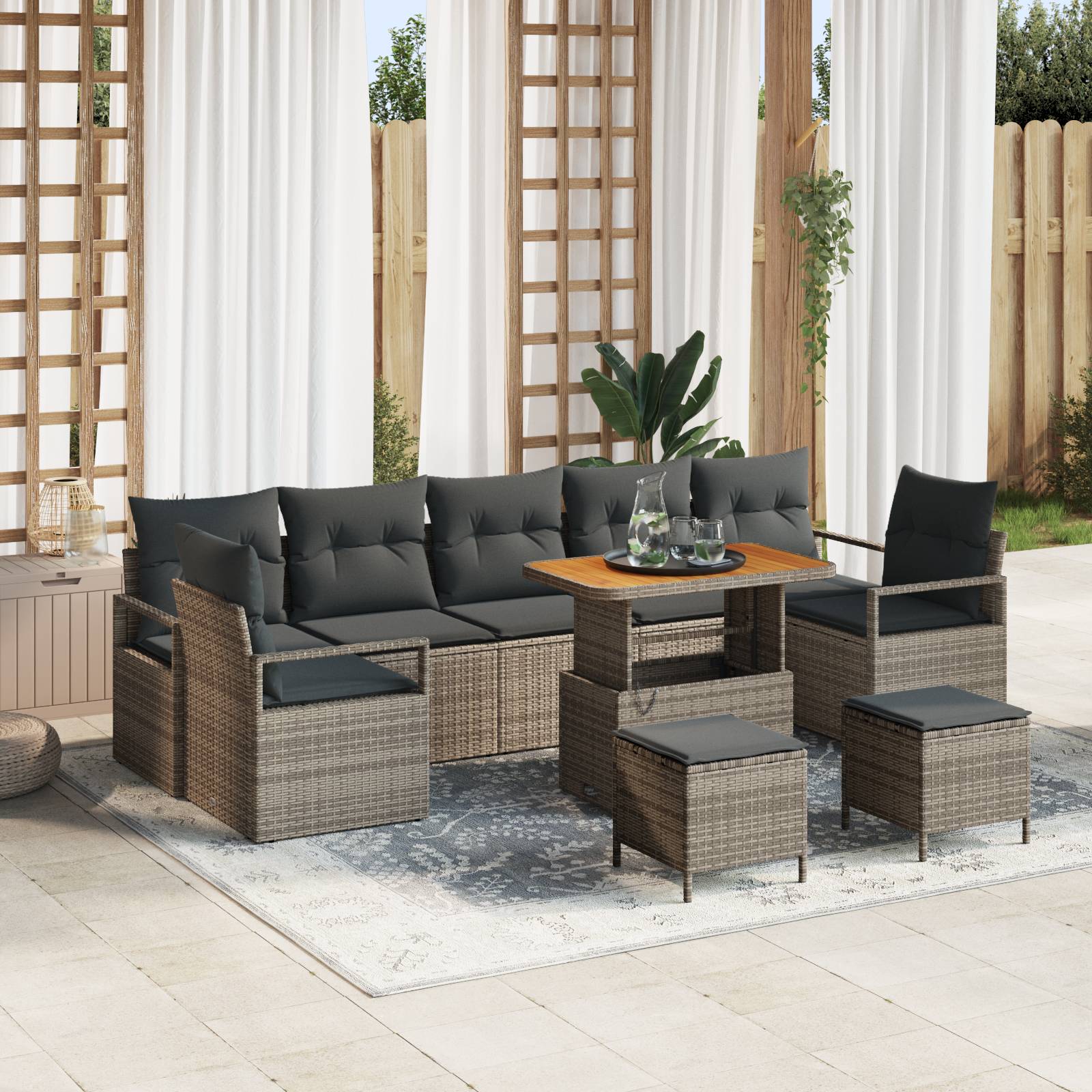 vidaXL 10-teiliges Garten Sofaset mit Kissen Graues Poly Rattan Akazie