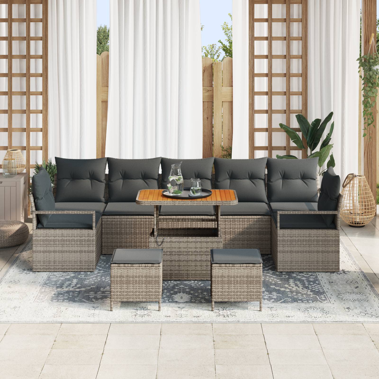 vidaXL 10-teiliges Garten Sofaset mit Kissen Graues Poly Rattan Akazie