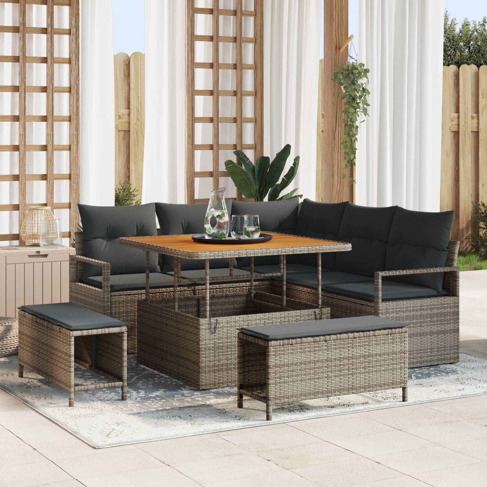vidaXL 8-teiliges Garten-Sofa-Set mit Kissen Grau Poly-Rattan Akazie