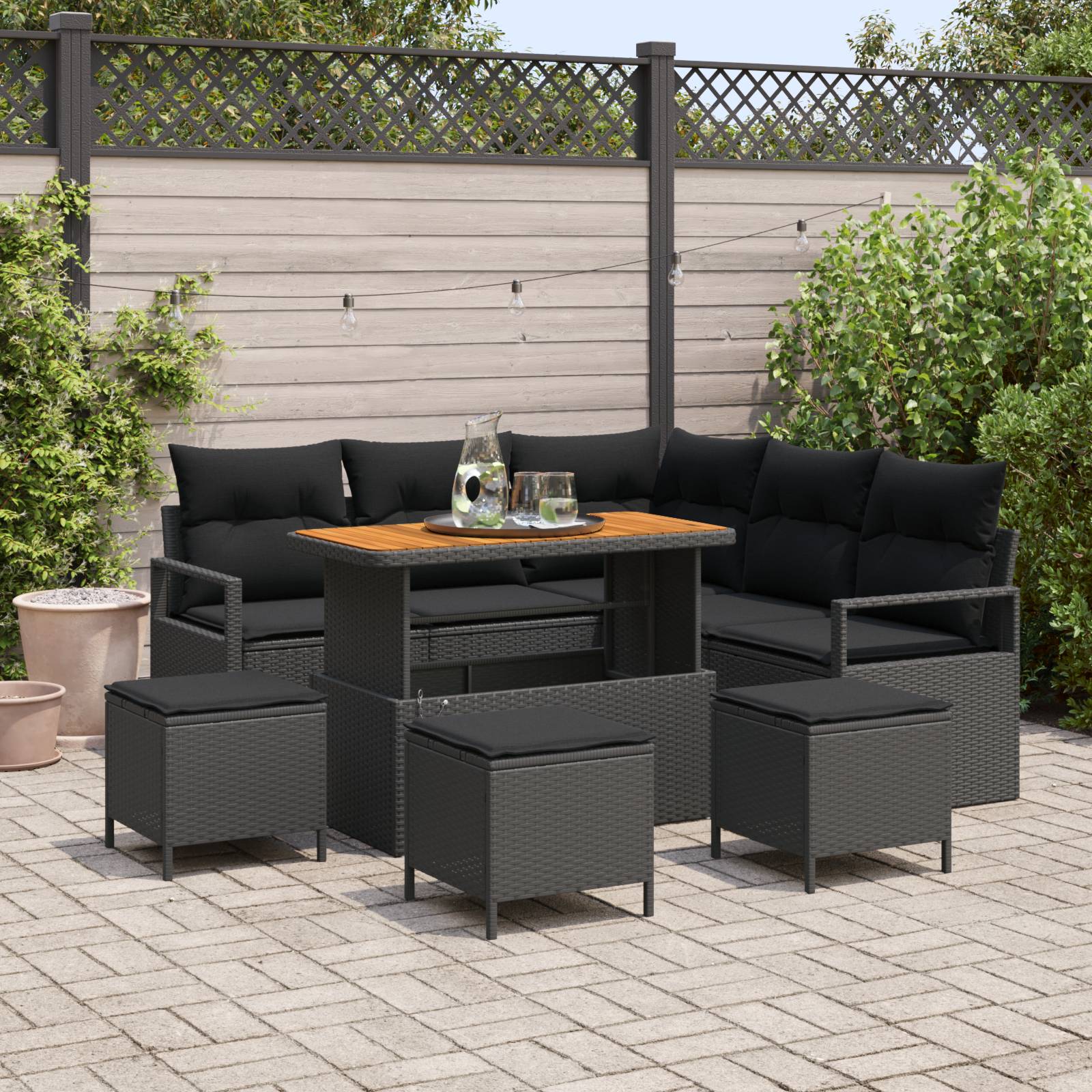vidaXL 9-teiliges Garten-Sofa-Set mit Kissen Schwarz Poly Rattan Akazie